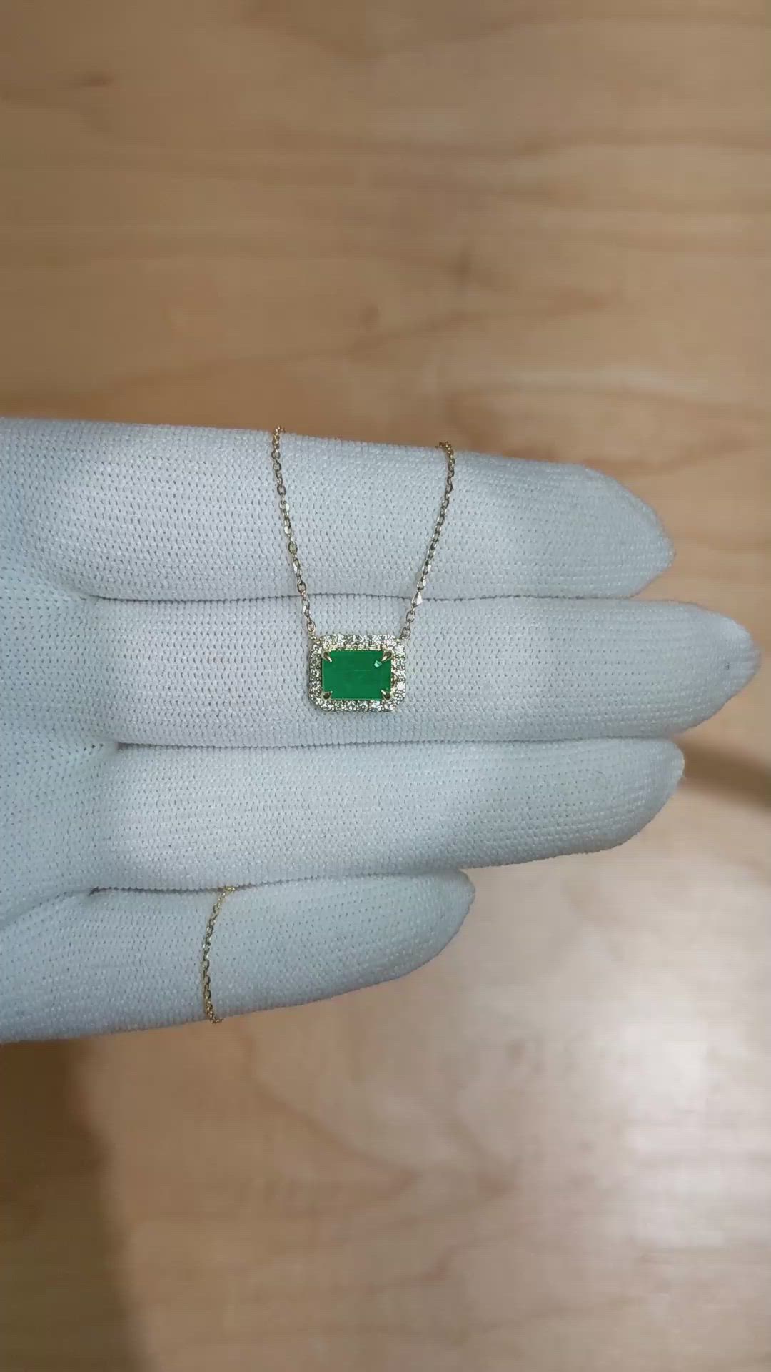 0.87 Ct. Emerald Natural Diamond Halo Necklace, 14K Yellow Gold Size Video