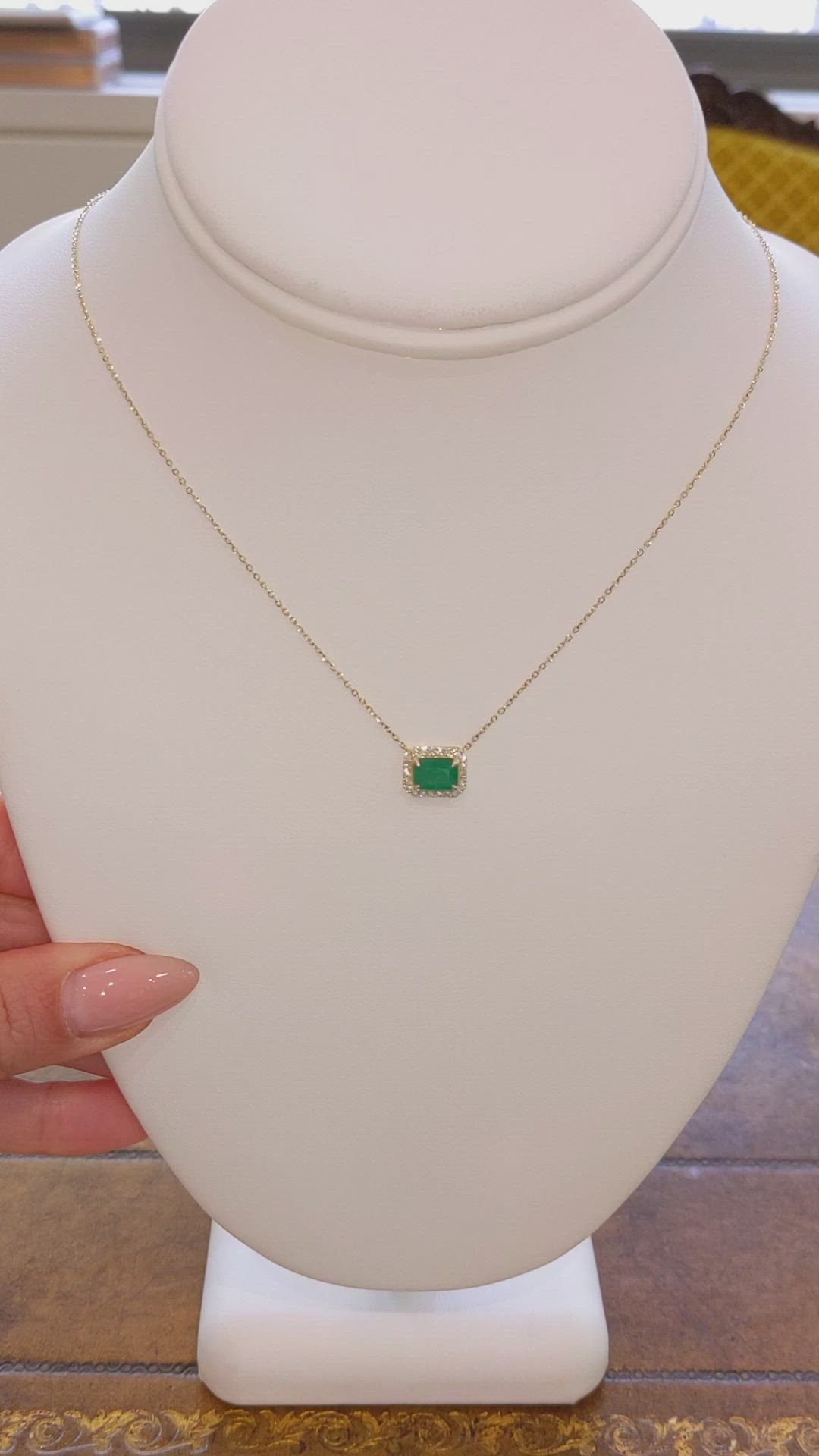 0.87 Ct. Emerald Natural Diamond Halo Necklace, 14K Yellow Gold Size Video
