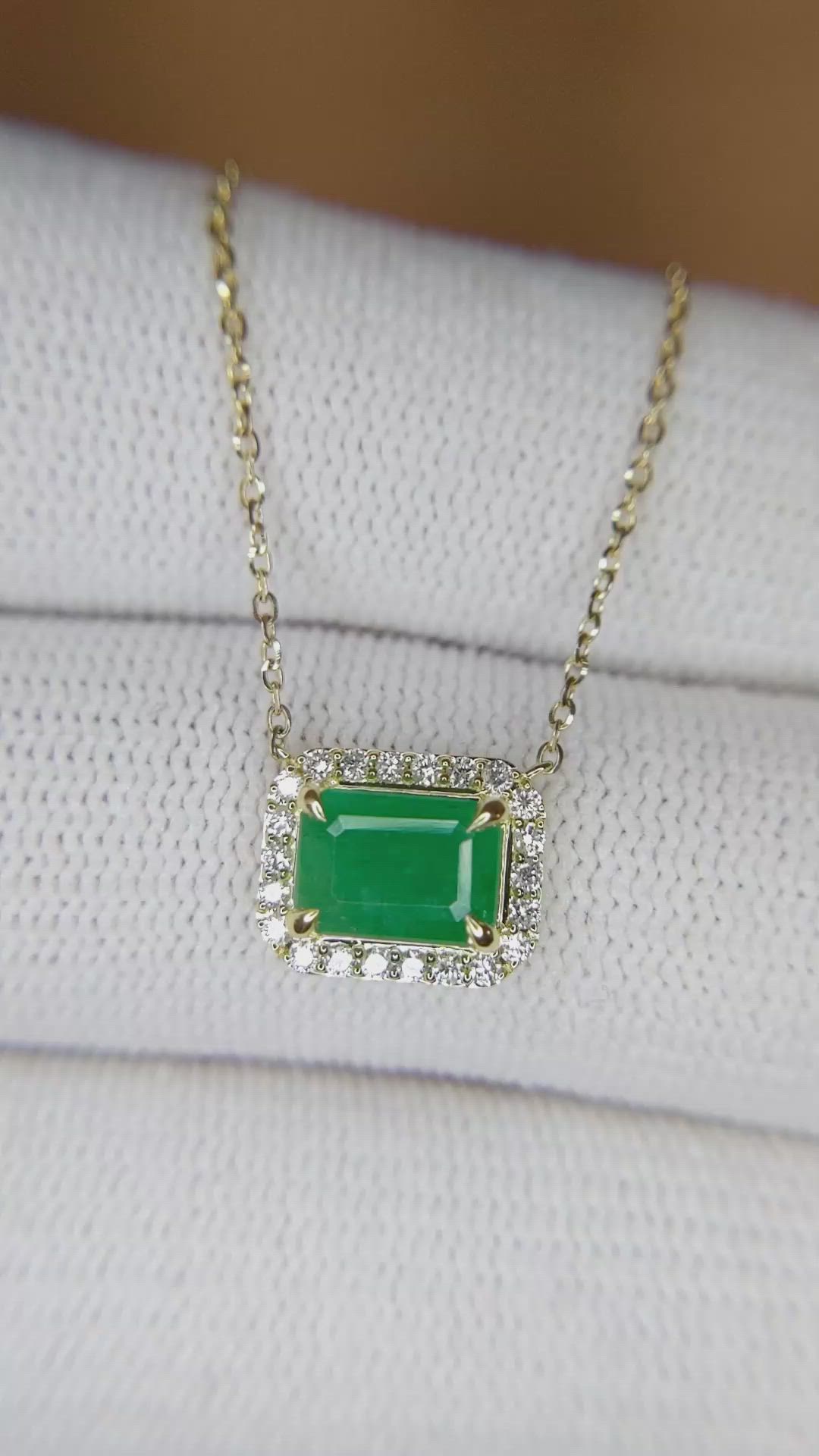 0.87 Ct. Emerald Natural Diamond Halo Necklace, 14K Yellow Gold Size Video