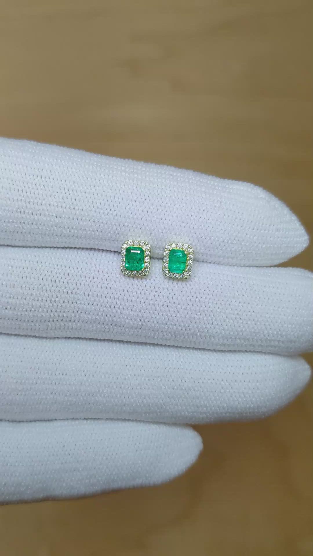 0.35 Ct.Tw. Emerald Natural Diamond Studs Earrings, 14K Yellow Gold Size Video