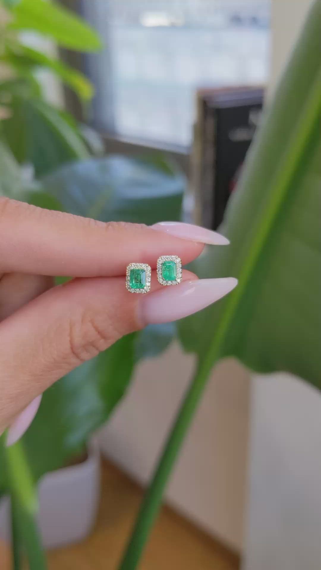 0.35 Ct.Tw. Emerald Natural Diamond Studs Earrings, 14K Yellow Gold Size Video