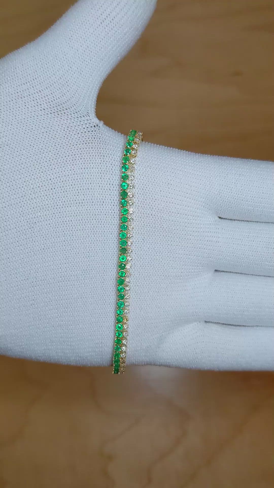 2.55 Ct.Tw. Emerald Natural Diamond Tennis/Line Bracelet, 14K Yellow Gold Size Video