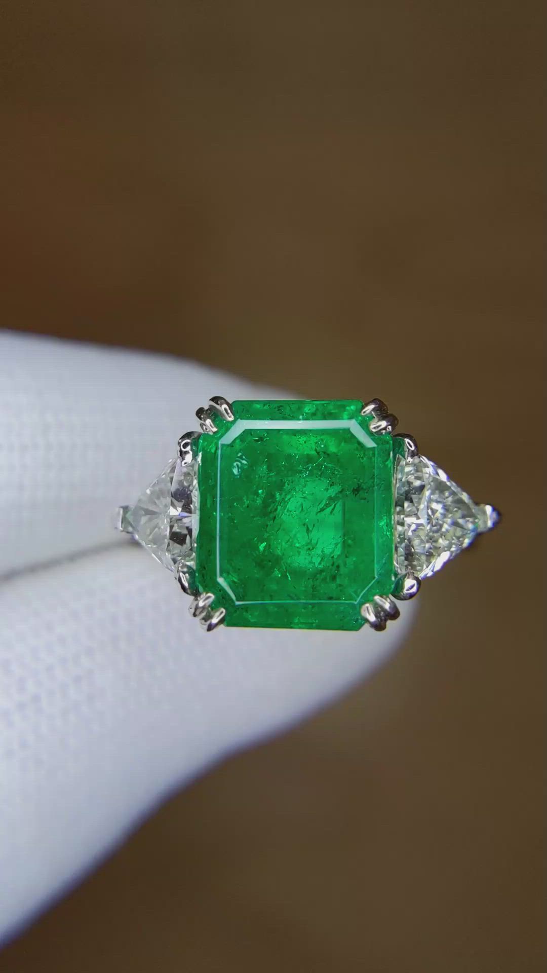 4.77 Ct. Emerald Natural Diamond Three Stone Ring, Platinum 950 Size Video