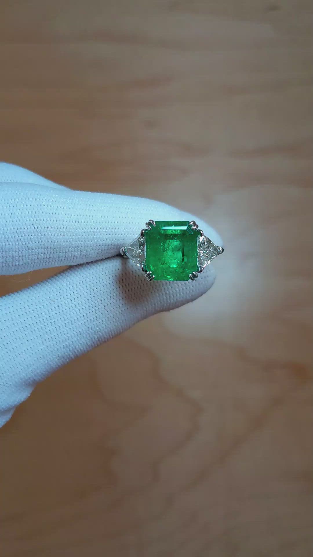 4.77 Ct. Emerald Natural Diamond Three Stone Ring, Platinum 950 Size Video