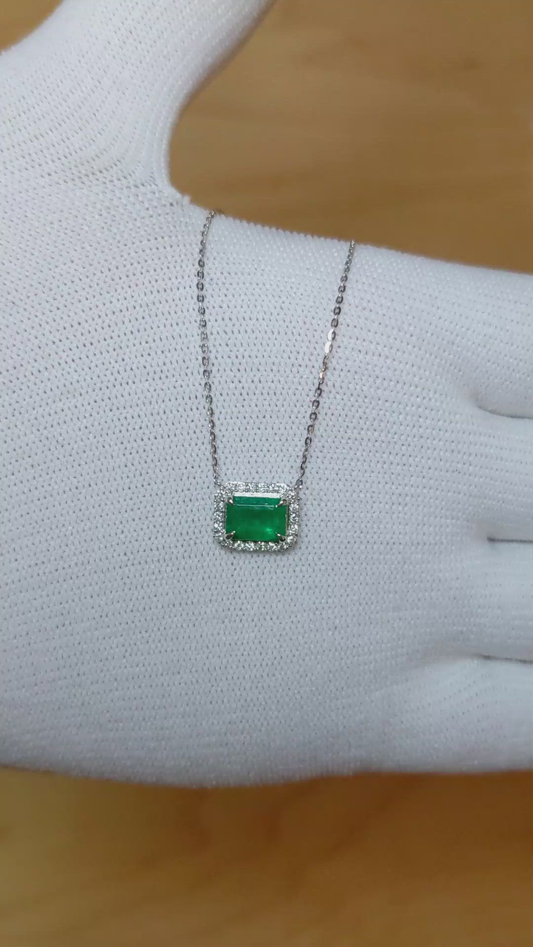 0.92 Ct. Emerald Natural Diamond Halo Necklace, 14K White Gold Size Video
