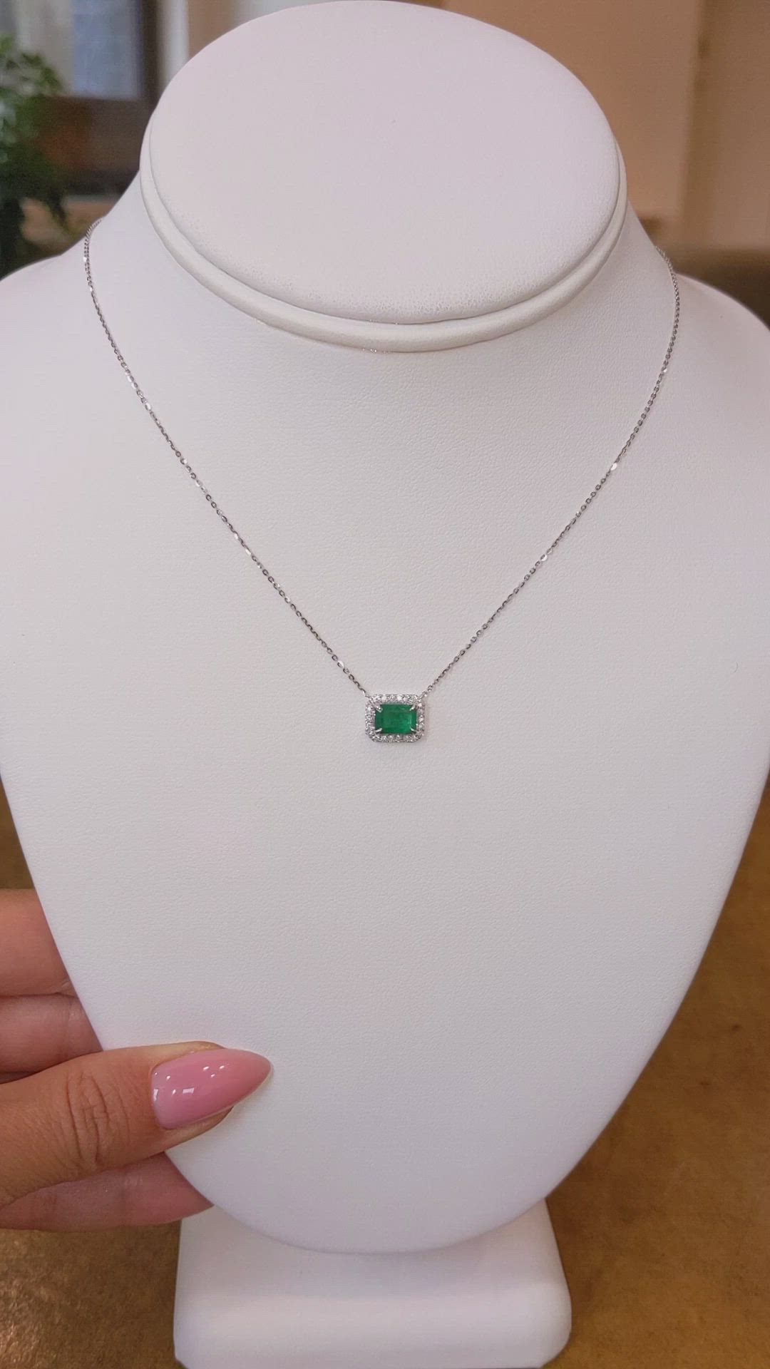 0.92 Ct. Emerald Natural Diamond Halo Necklace, 14K White Gold Size Video