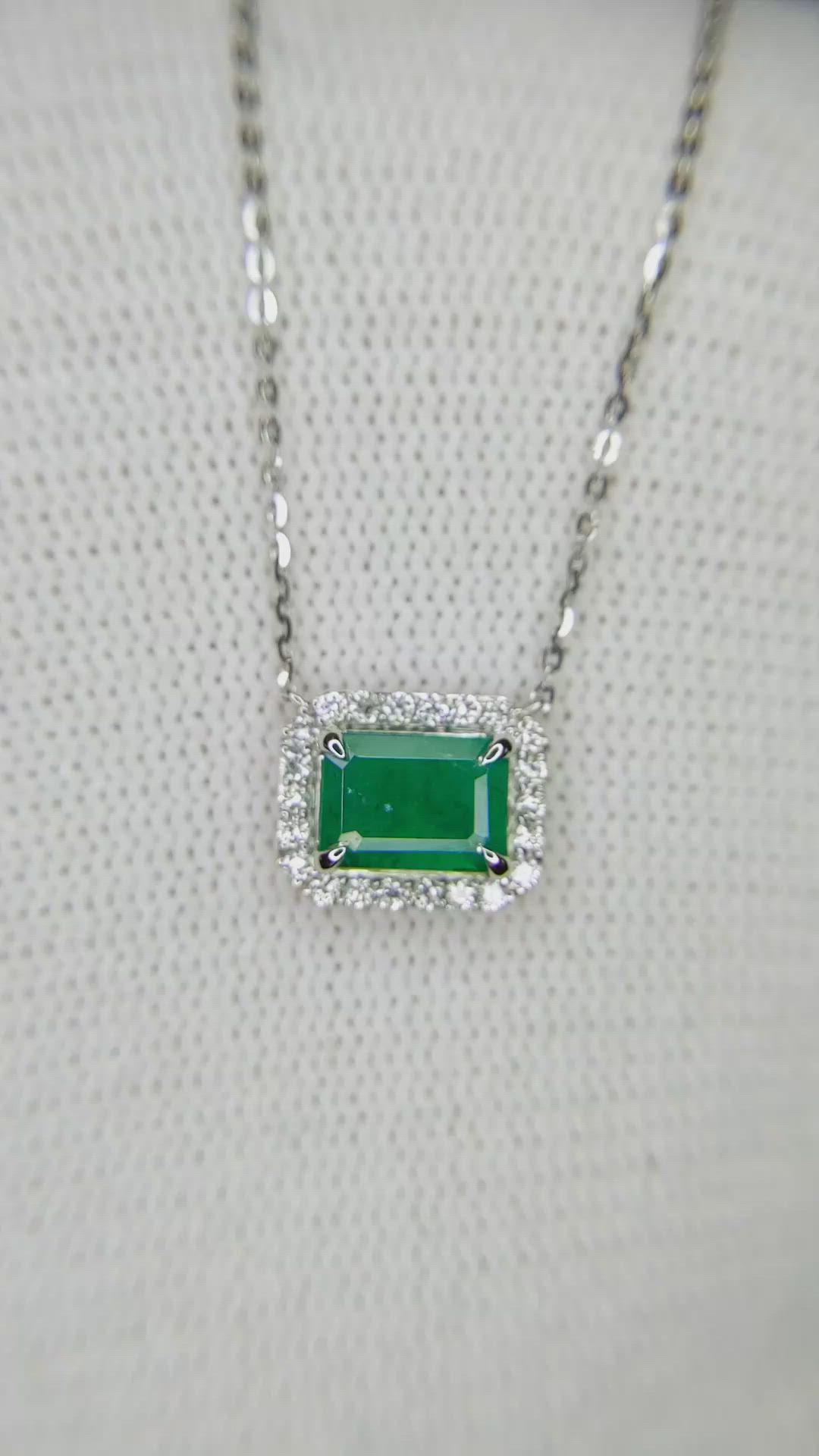 0.92 Ct. Emerald Natural Diamond Halo Necklace, 14K White Gold Size Video