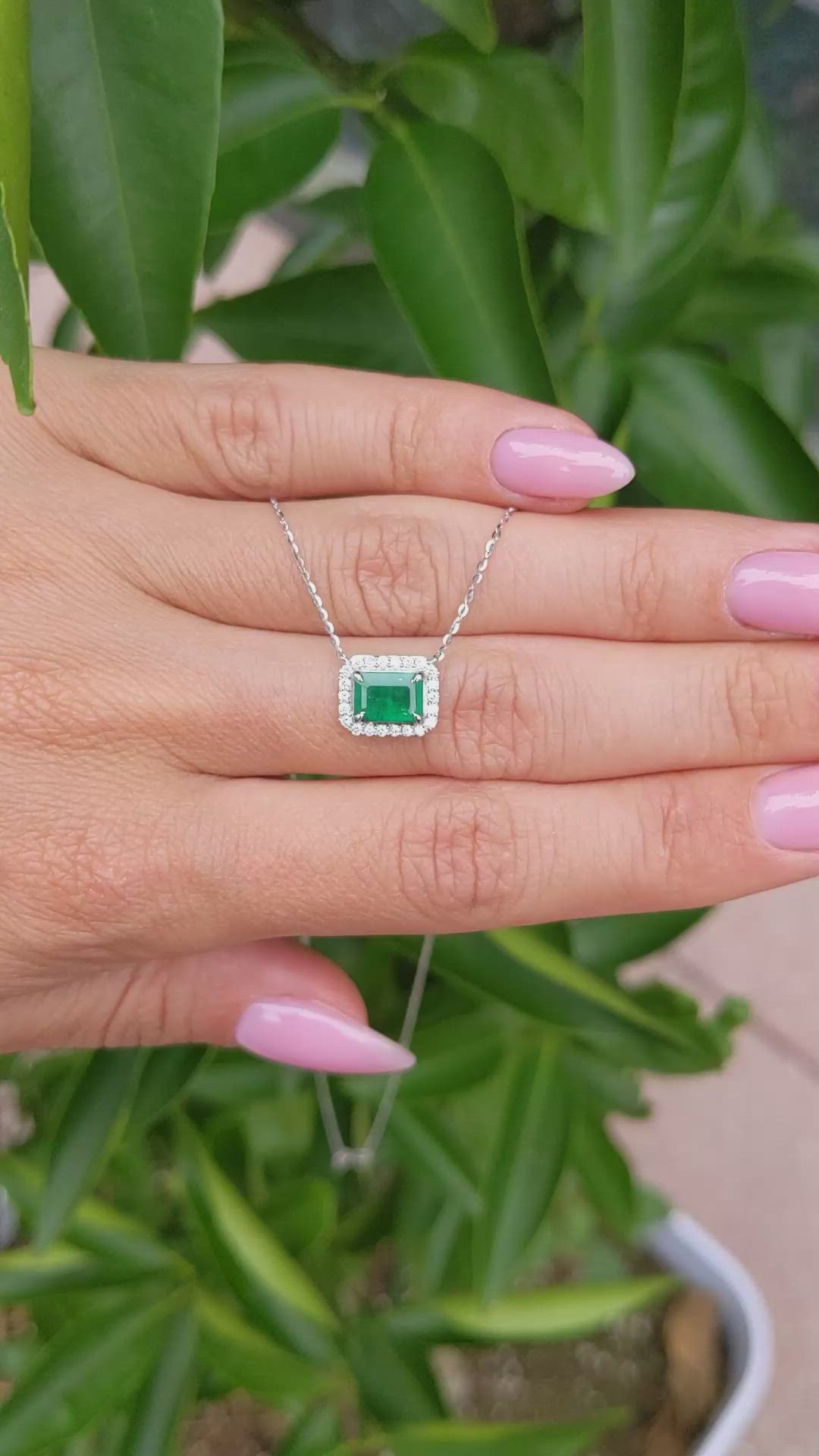 0.92 Ct. Emerald Natural Diamond Halo Necklace, 14K White Gold Size Video