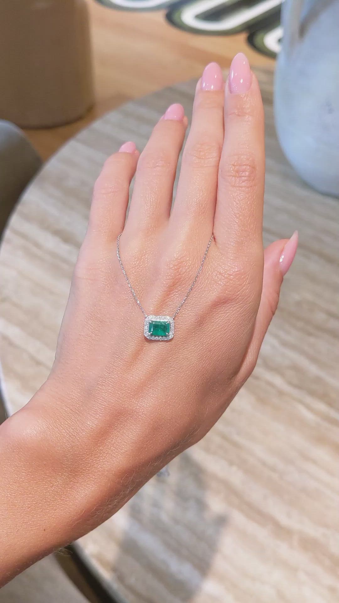 0.92 Ct. Emerald Natural Diamond Halo Necklace, 14K White Gold Size Video