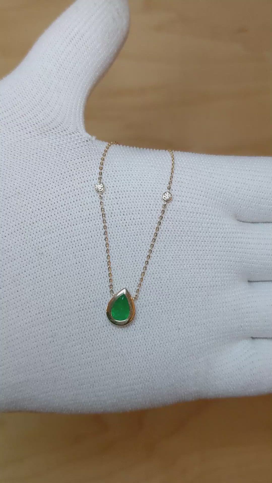 0.55 Ct. Emerald Natural Diamond Bezel Necklace, 14K Yellow Gold Size Video