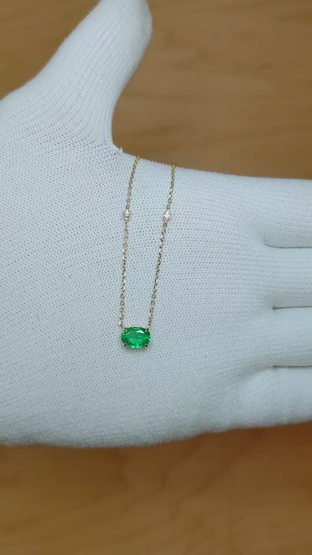 0.73 Ct. Emerald Natural Diamond Accent Stones Necklace, 14K Yellow Gold Size Video