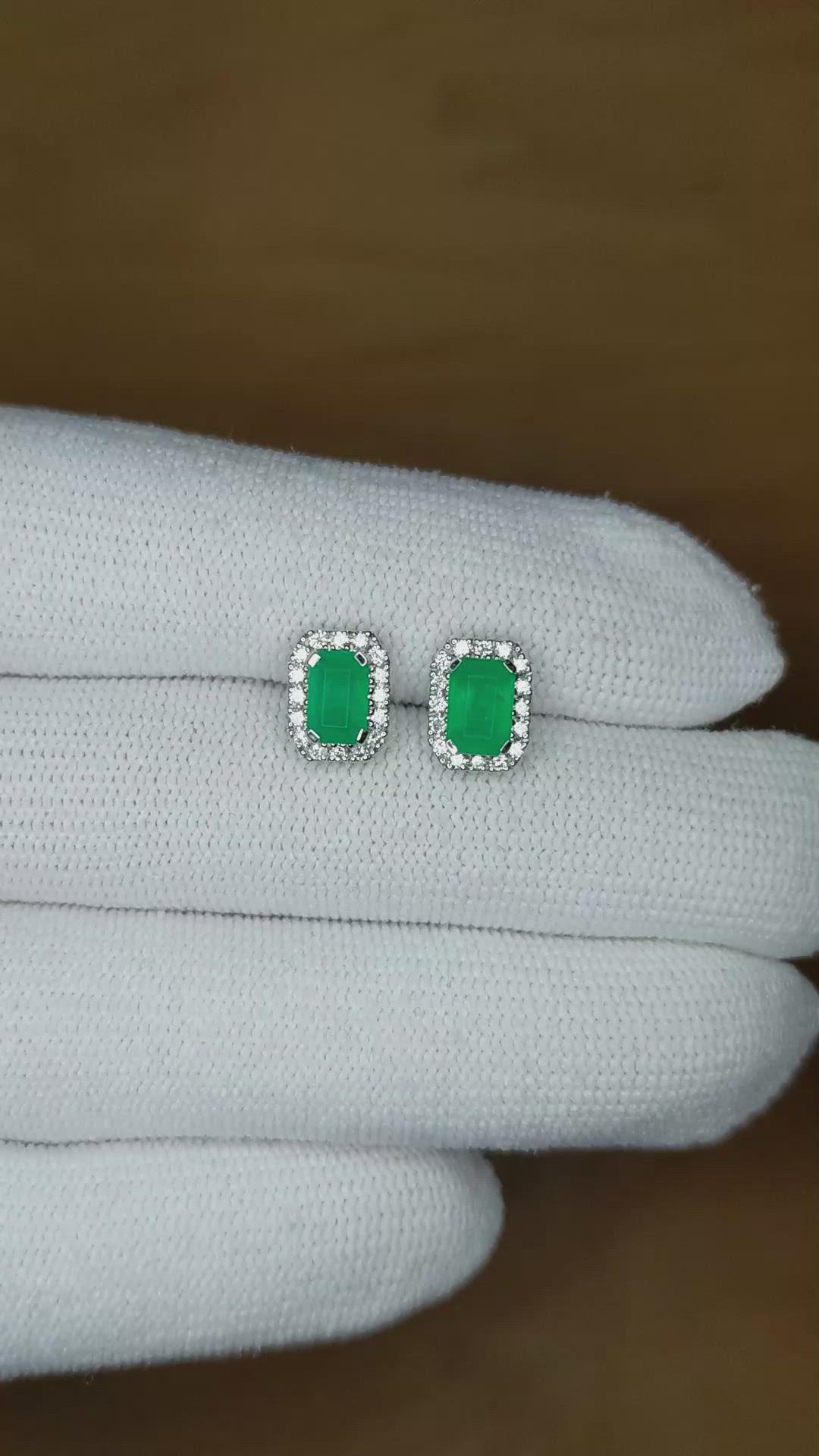 1.11 Ct.Tw. Emerald Natural Diamond Studs Earrings, 14K White Gold Size Video
