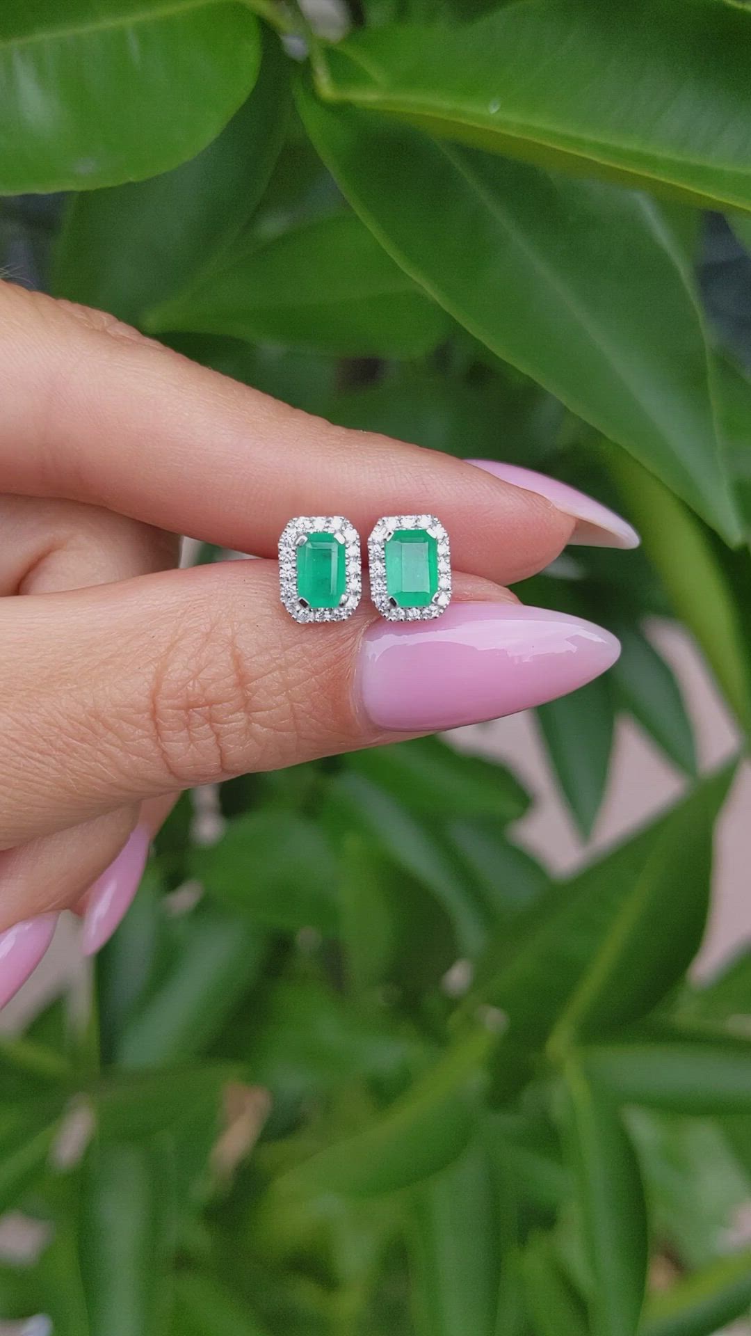 1.11 Ct.Tw. Emerald Natural Diamond Studs Earrings, 14K White Gold Size Video