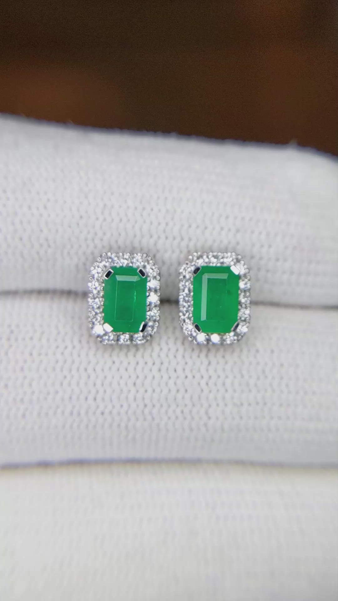 1.11 Ct.Tw. Emerald Natural Diamond Studs Earrings, 14K White Gold Size Video