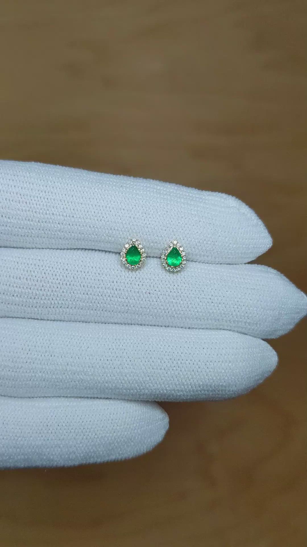 0.27 Ct.Tw. Emerald Natural Diamond Studs Earrings, 14K Yellow Gold Size Video