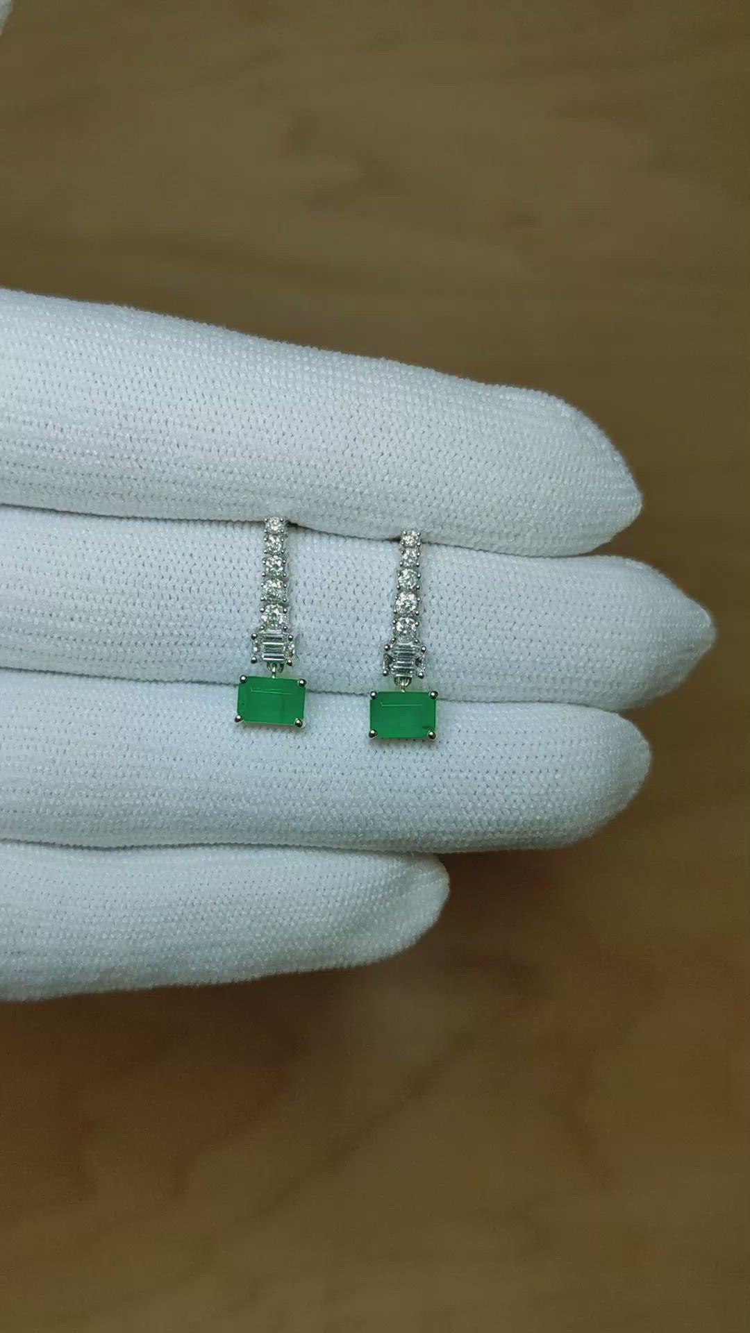 1.11 Ct.Tw. Emerald Natural Diamond Pave Earrings, 14K White Gold Size Video