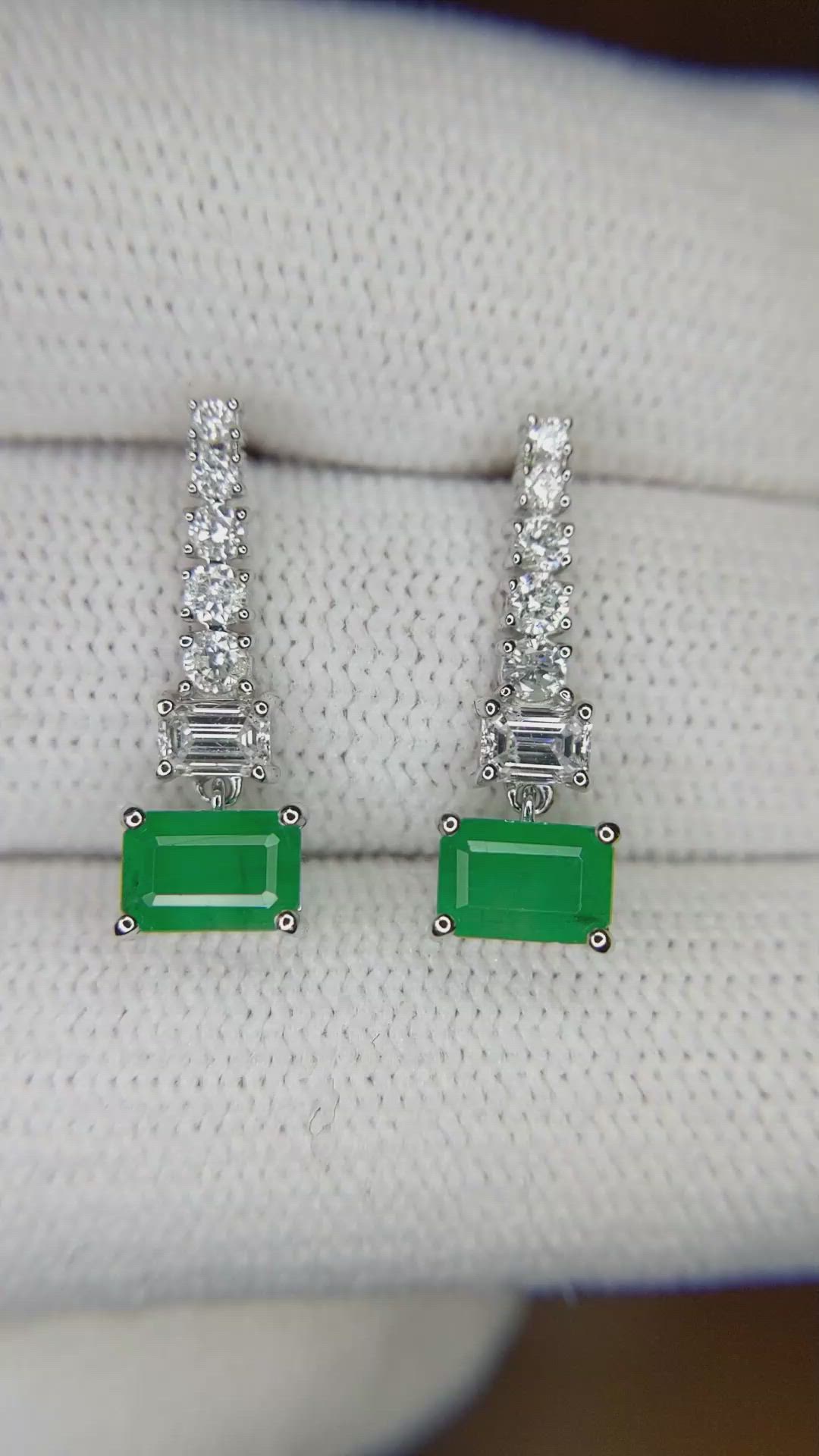 1.11 Ct.Tw. Emerald Natural Diamond Pave Earrings, 14K White Gold Size Video