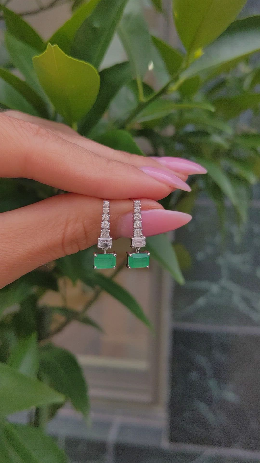1.11 Ct.Tw. Emerald Natural Diamond Pave Earrings, 14K White Gold Size Video