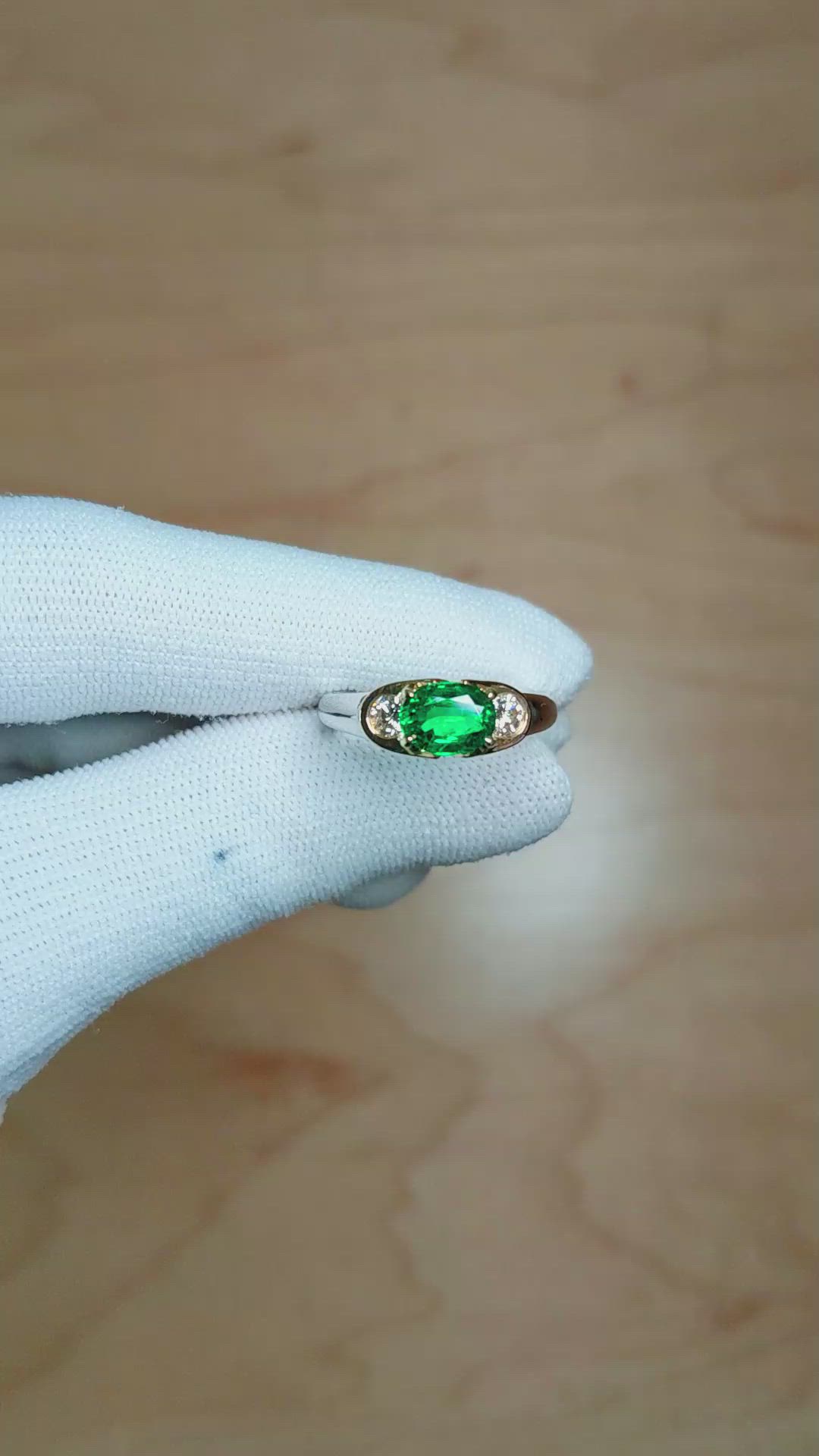 0.96 Ct. Emerald Natural Diamond Three Stone Ring, 18K White & Yellow Size Video