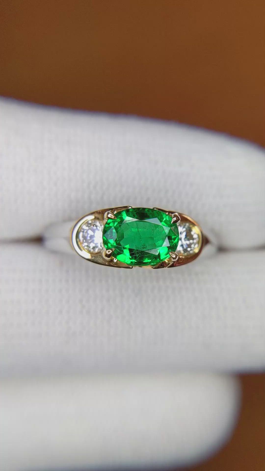 0.96 Ct. Emerald Natural Diamond Three Stone Ring, 18K White & Yellow Size Video
