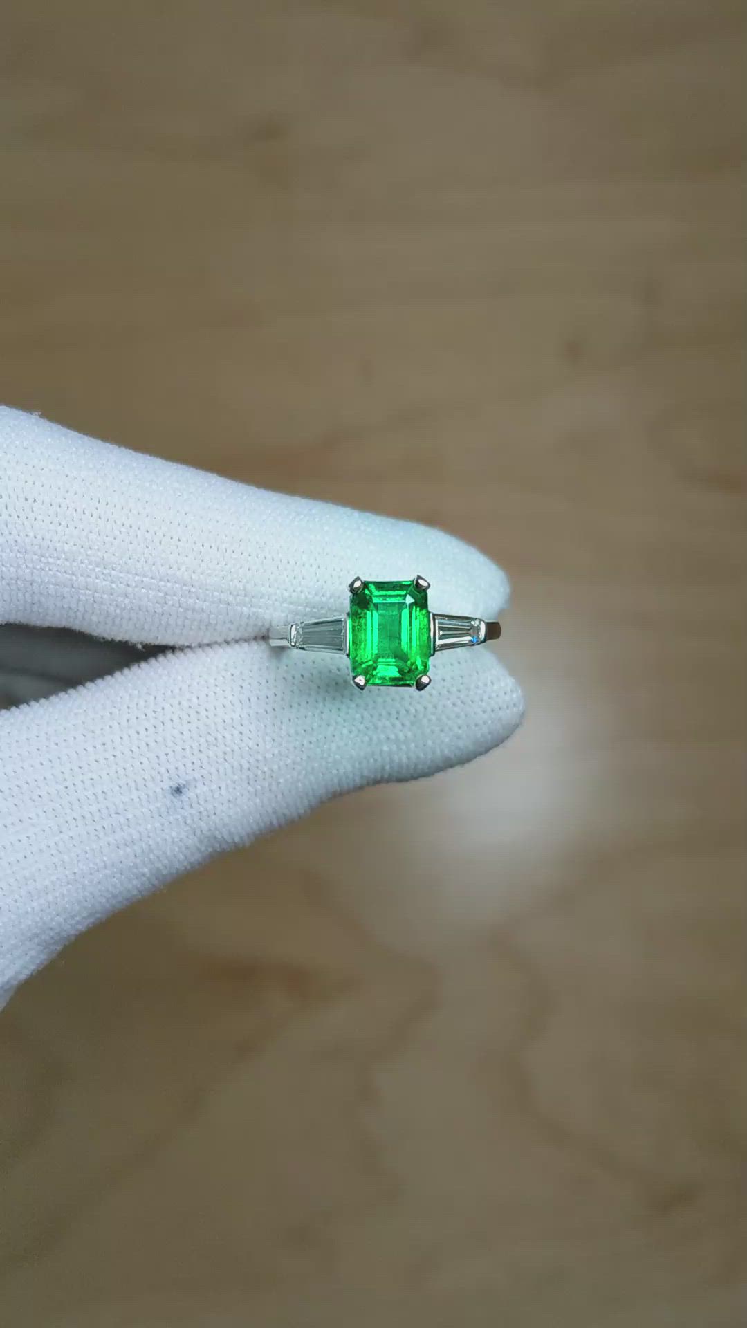1.62 Ct. Emerald Natural Diamond Three Stone Ring, Platinum 950 Size Video