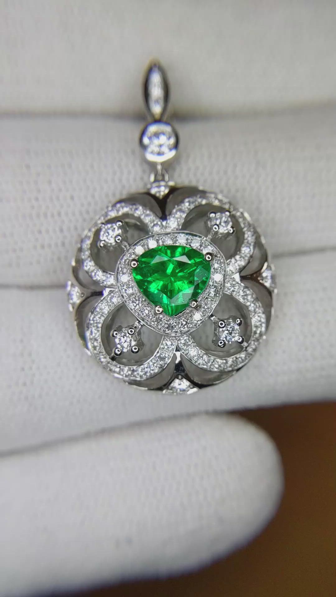 0.78 Ct. Emerald Natural Diamond Pave Pendant, 18K White Gold Size Video