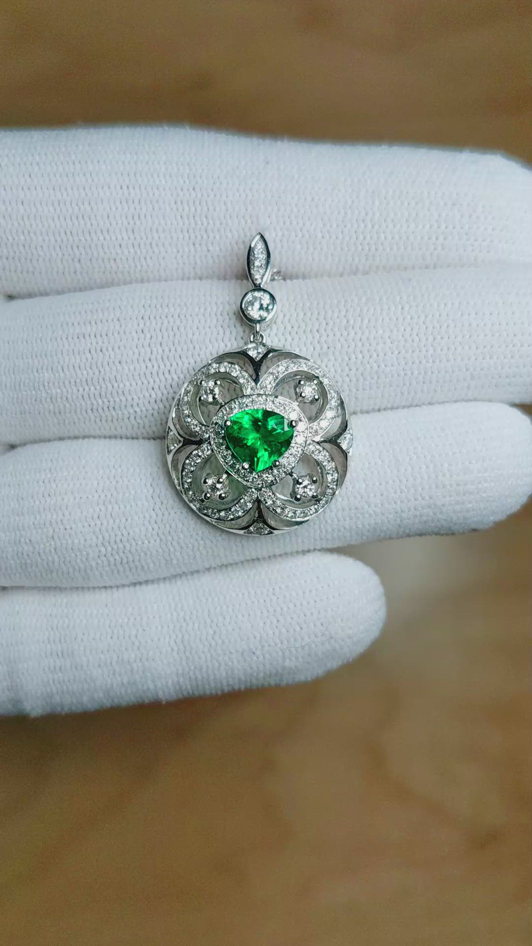 0.78 Ct. Emerald Natural Diamond Pave Pendant, 18K White Gold Size Video
