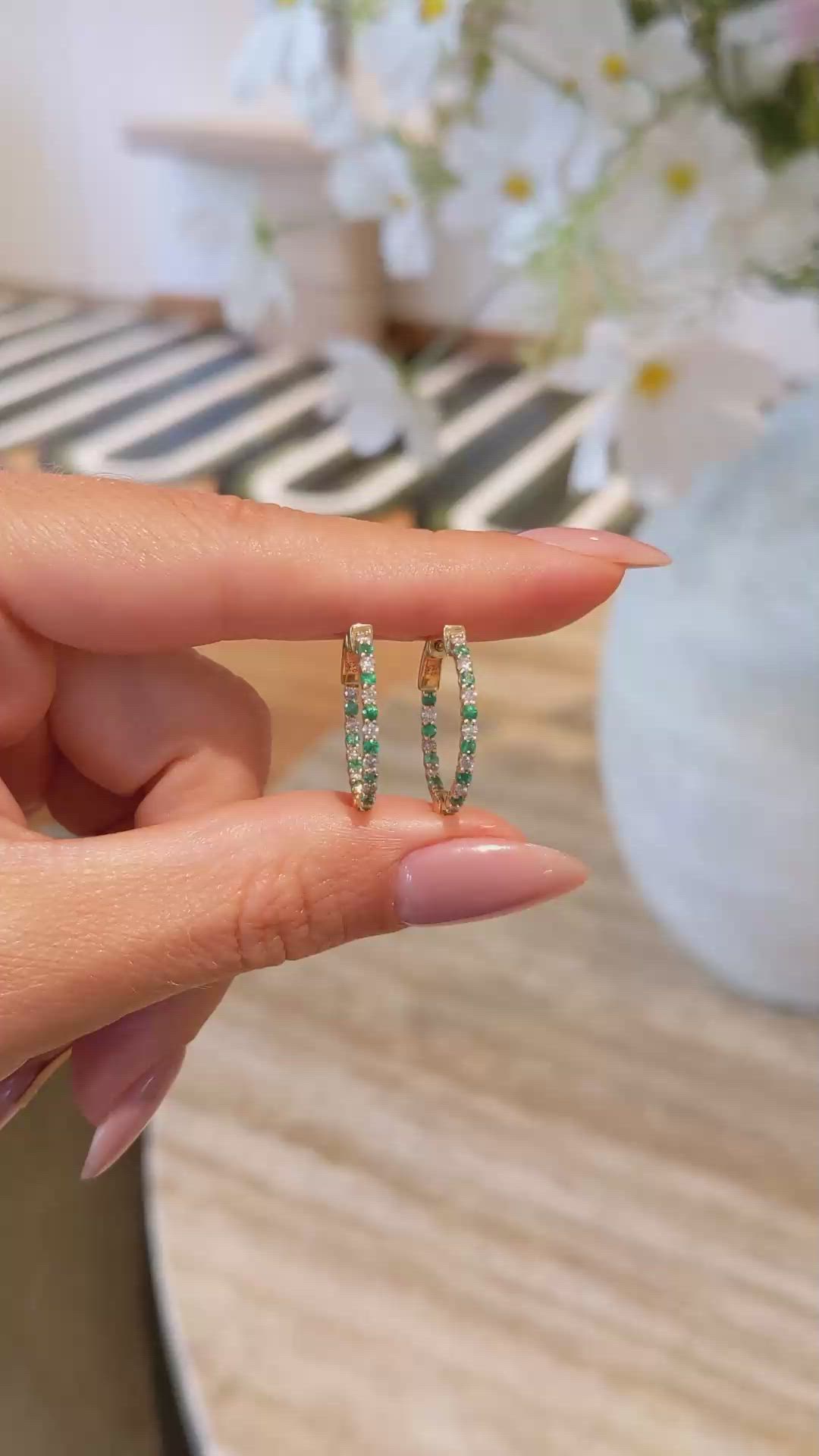 0.37 Ct.Tw. Emerald Natural Diamond Hoops Earrings, 14K Yellow Gold Size Video
