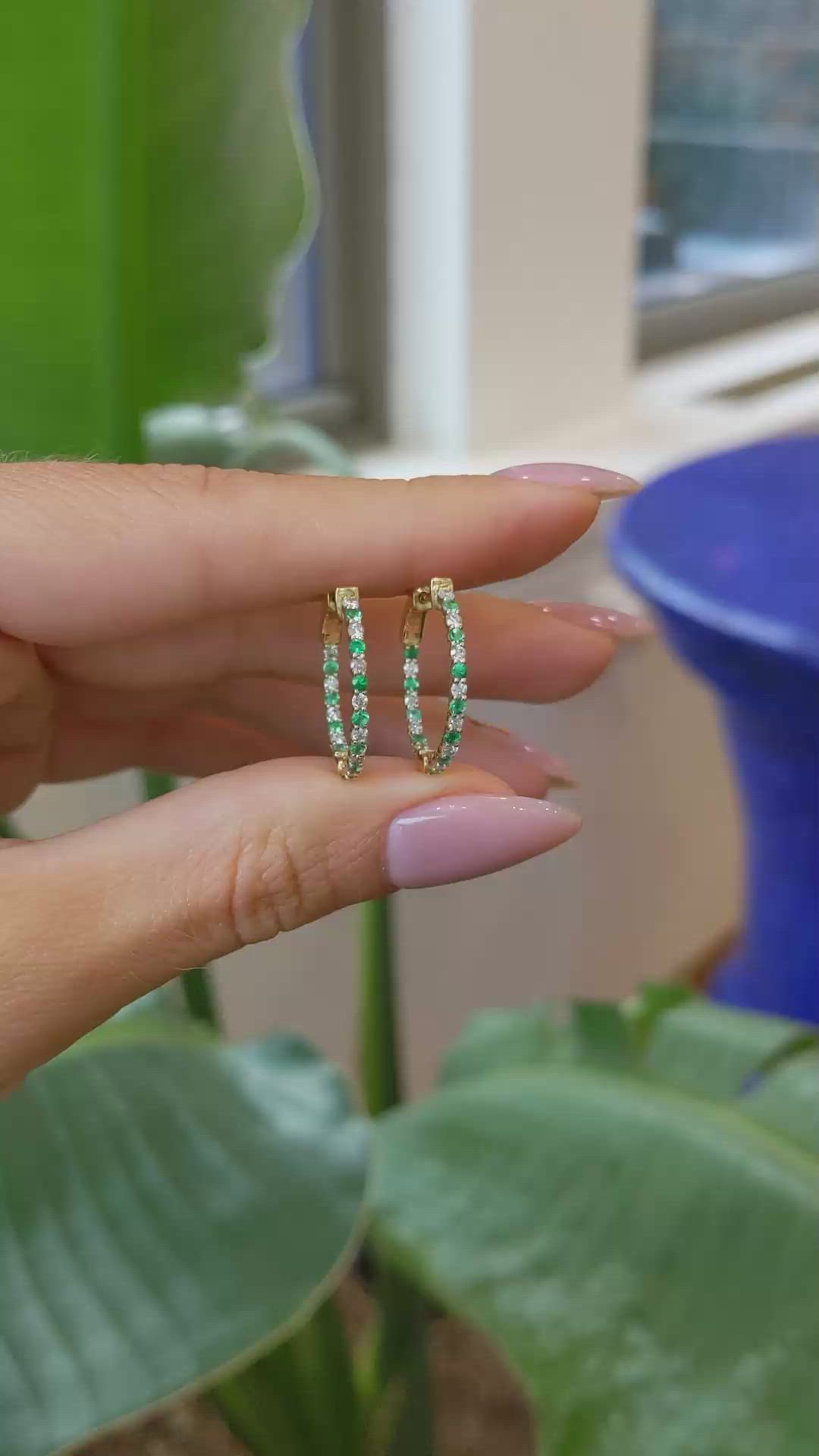 0.37 Ct.Tw. Emerald Natural Diamond Hoops Earrings, 14K Yellow Gold Size Video