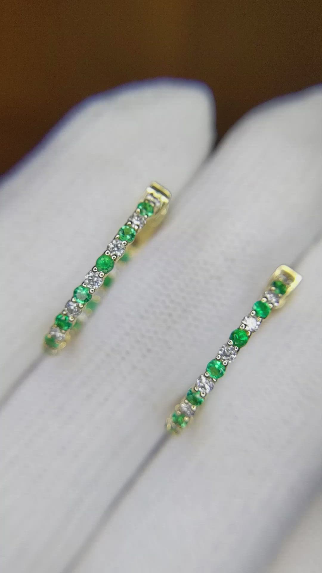 0.37 Ct.Tw. Emerald Natural Diamond Hoops Earrings, 14K Yellow Gold Size Video