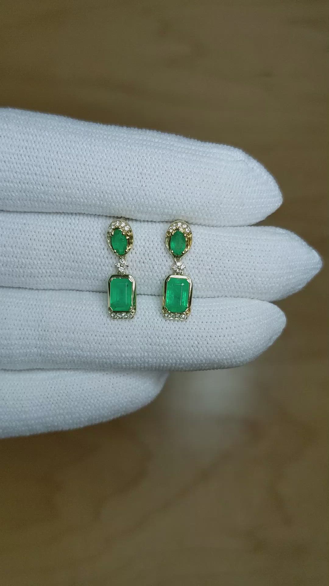 0.80 Ct.Tw. Emerald Emerald Pave Earrings, 14K Yellow Gold Size Video