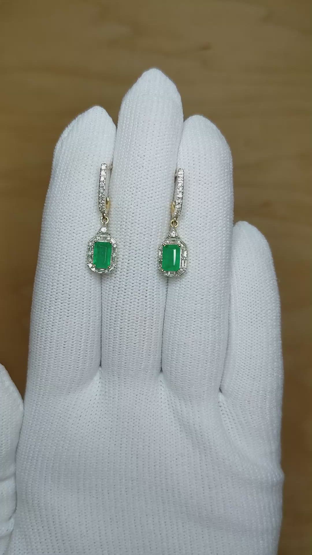 1.14 Ct.Tw. Emerald Natural Diamond Halo Earrings, 14K Yellow Gold Size Video