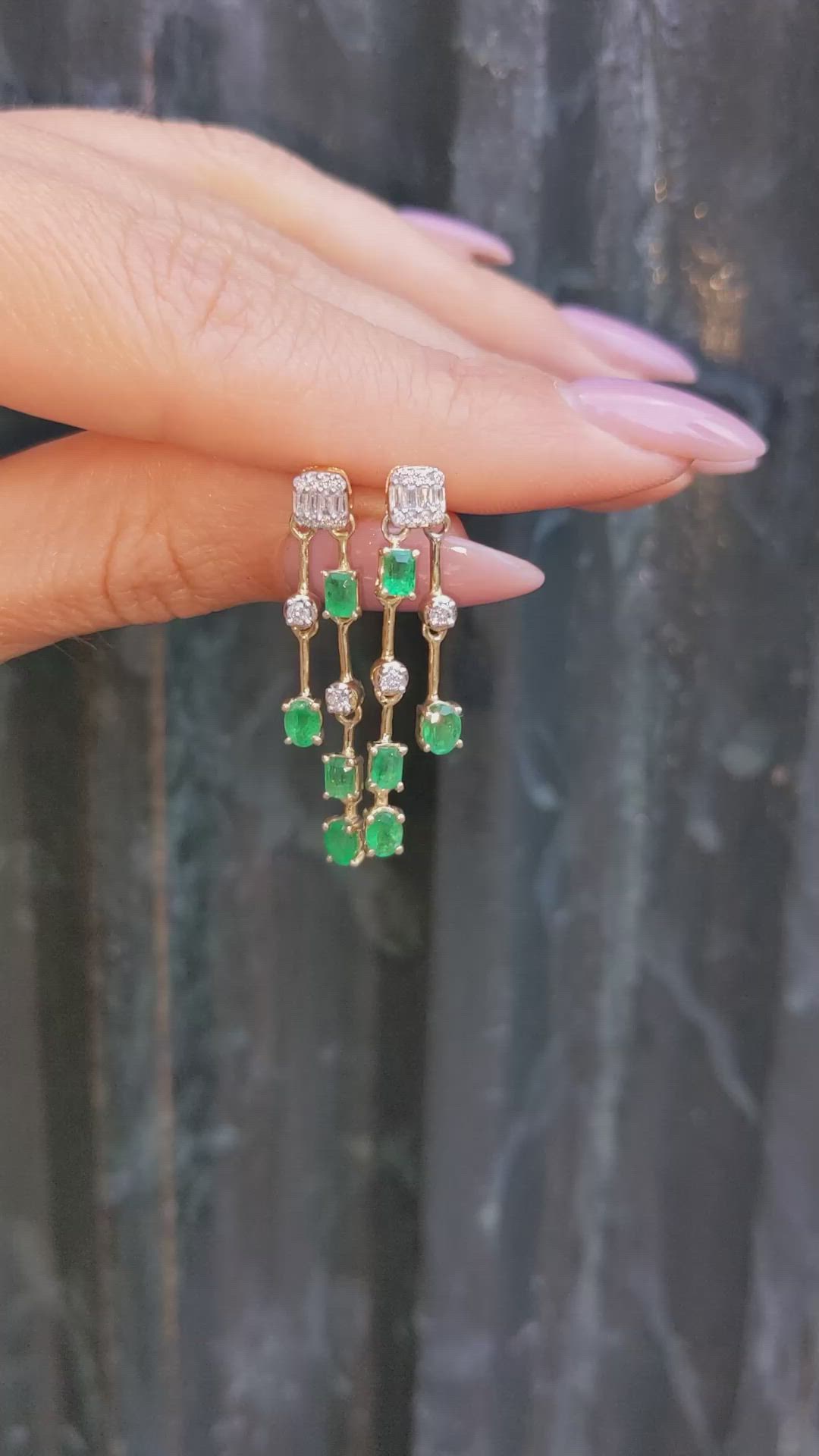 1.29 Ct.Tw. Emerald Natural Diamond Drops Earrings, 14K Yellow Gold Size Video