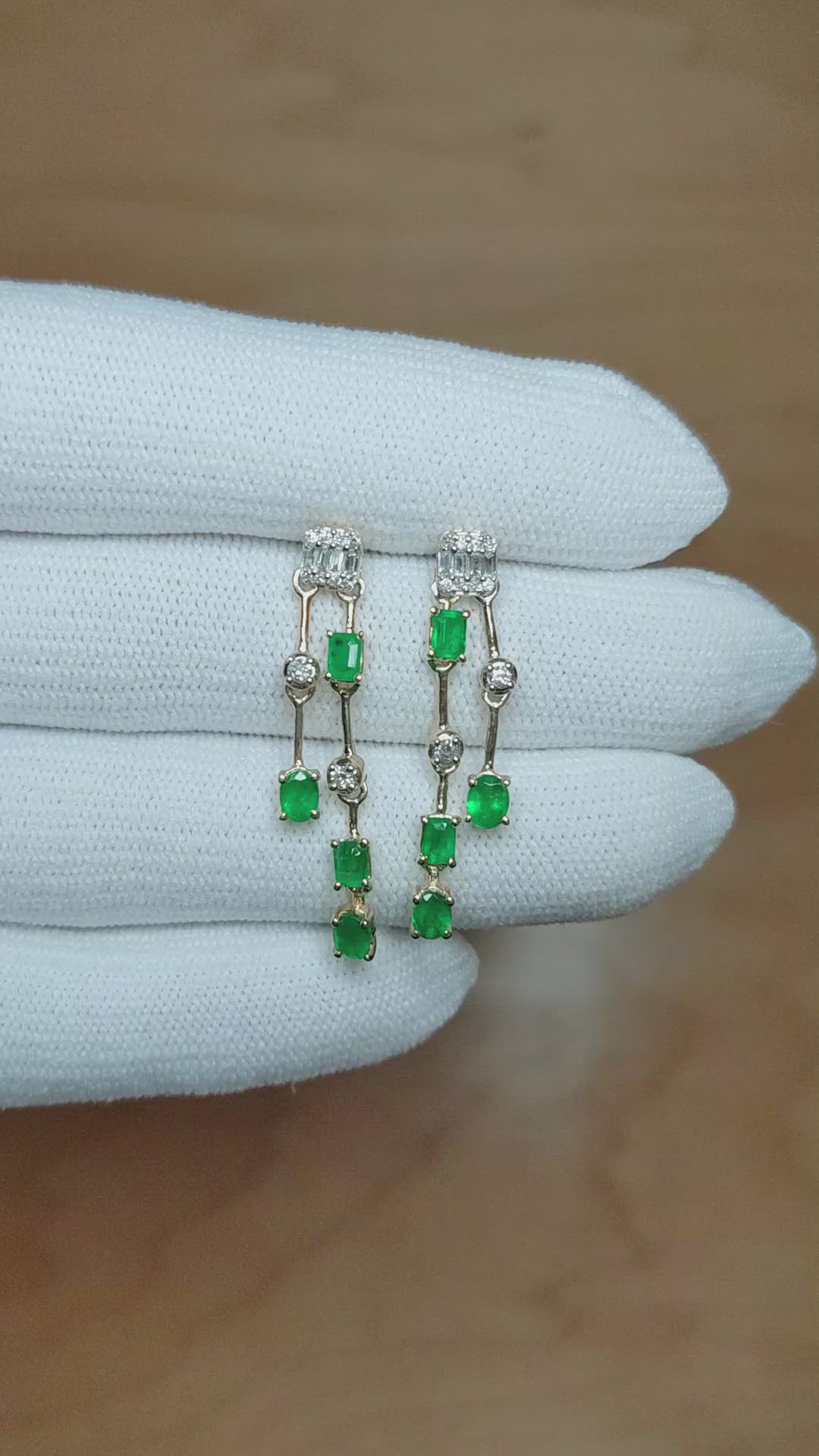 1.29 Ct.Tw. Emerald Natural Diamond Drops Earrings, 14K Yellow Gold Size Video