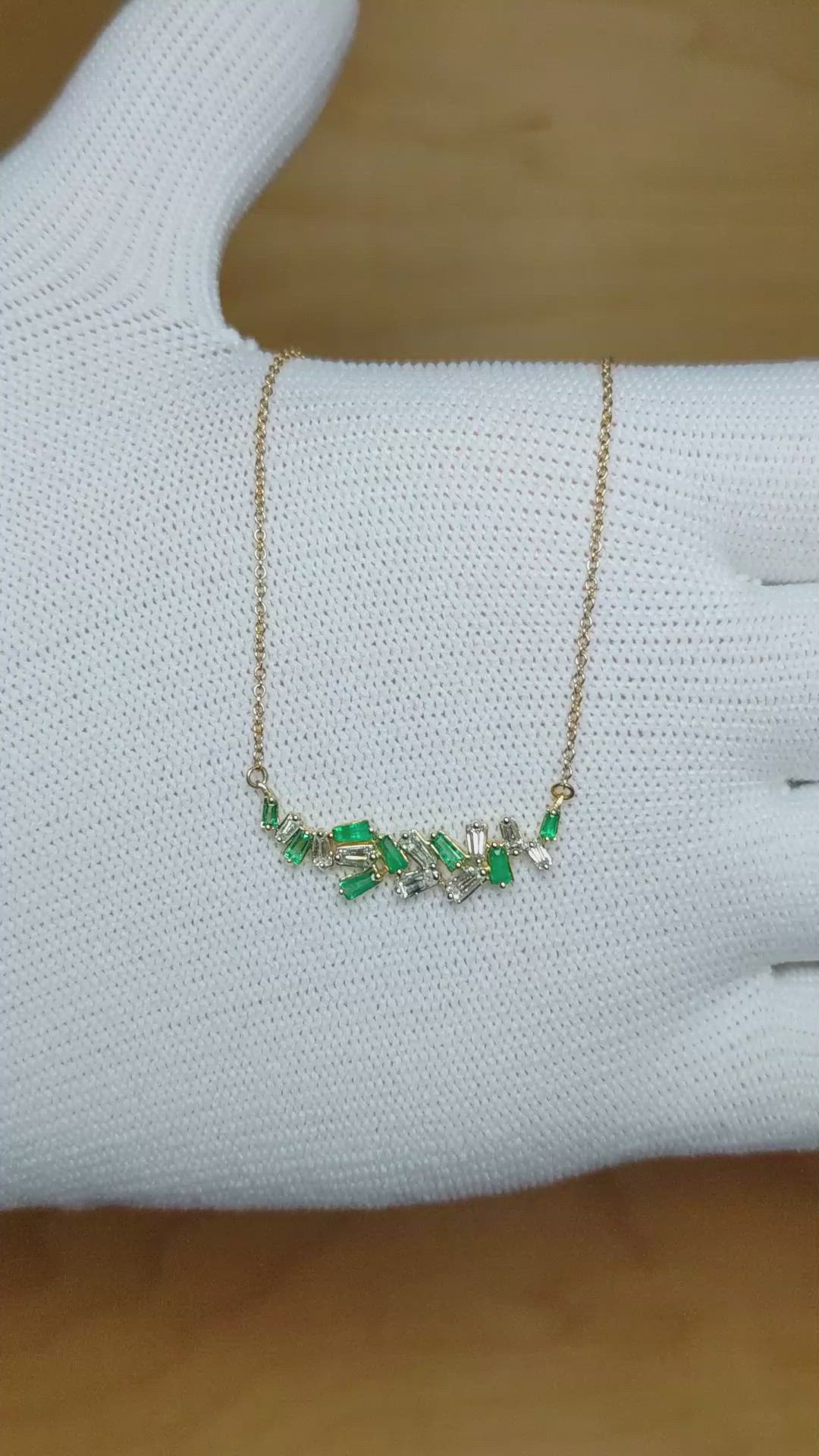 0.18 Ct. Emerald Natural Diamond Accent Stones Necklace, 14K Yellow Gold Size Video
