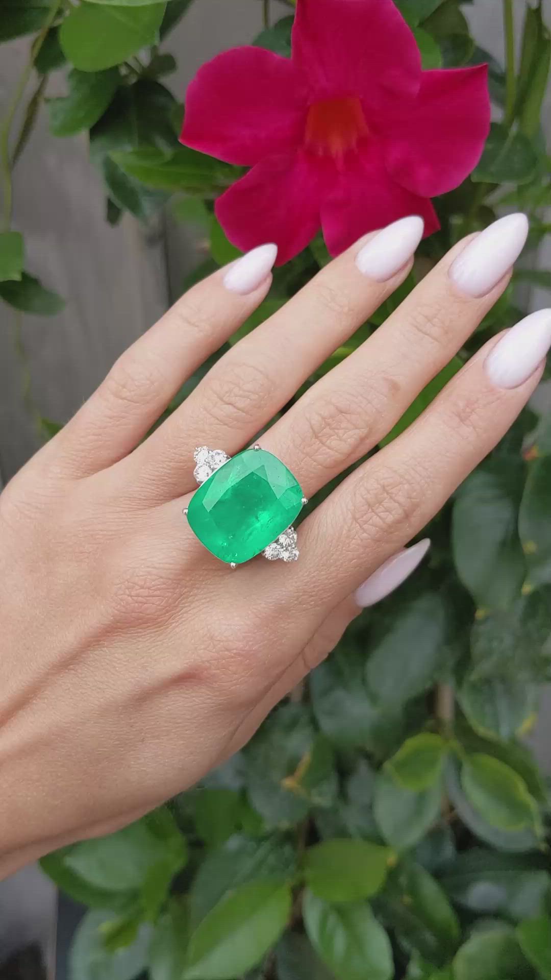 21.37 Ct. Emerald Natural Diamond Three Stone Ring, 18K White Gold Size Video