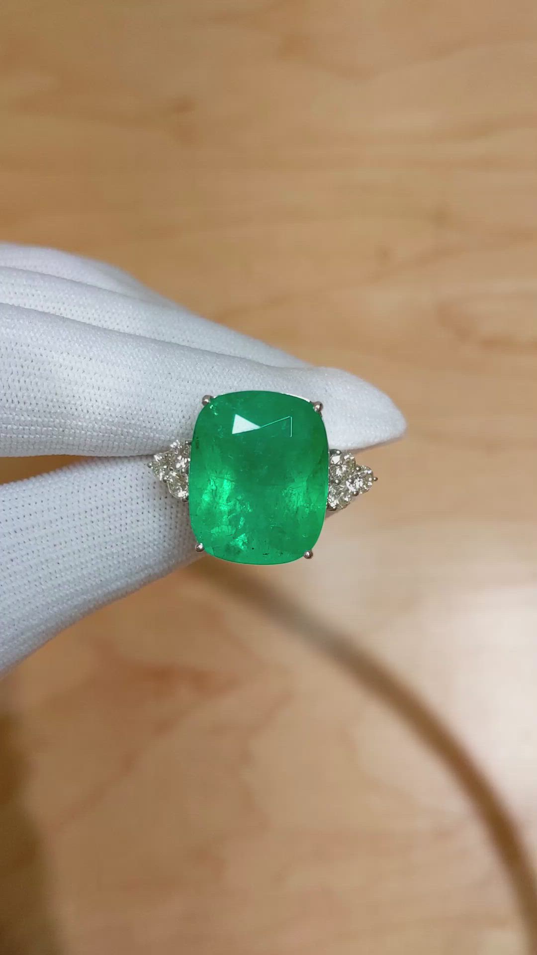 21.37 Ct. Emerald Natural Diamond Three Stone Ring, 18K White Gold Size Video