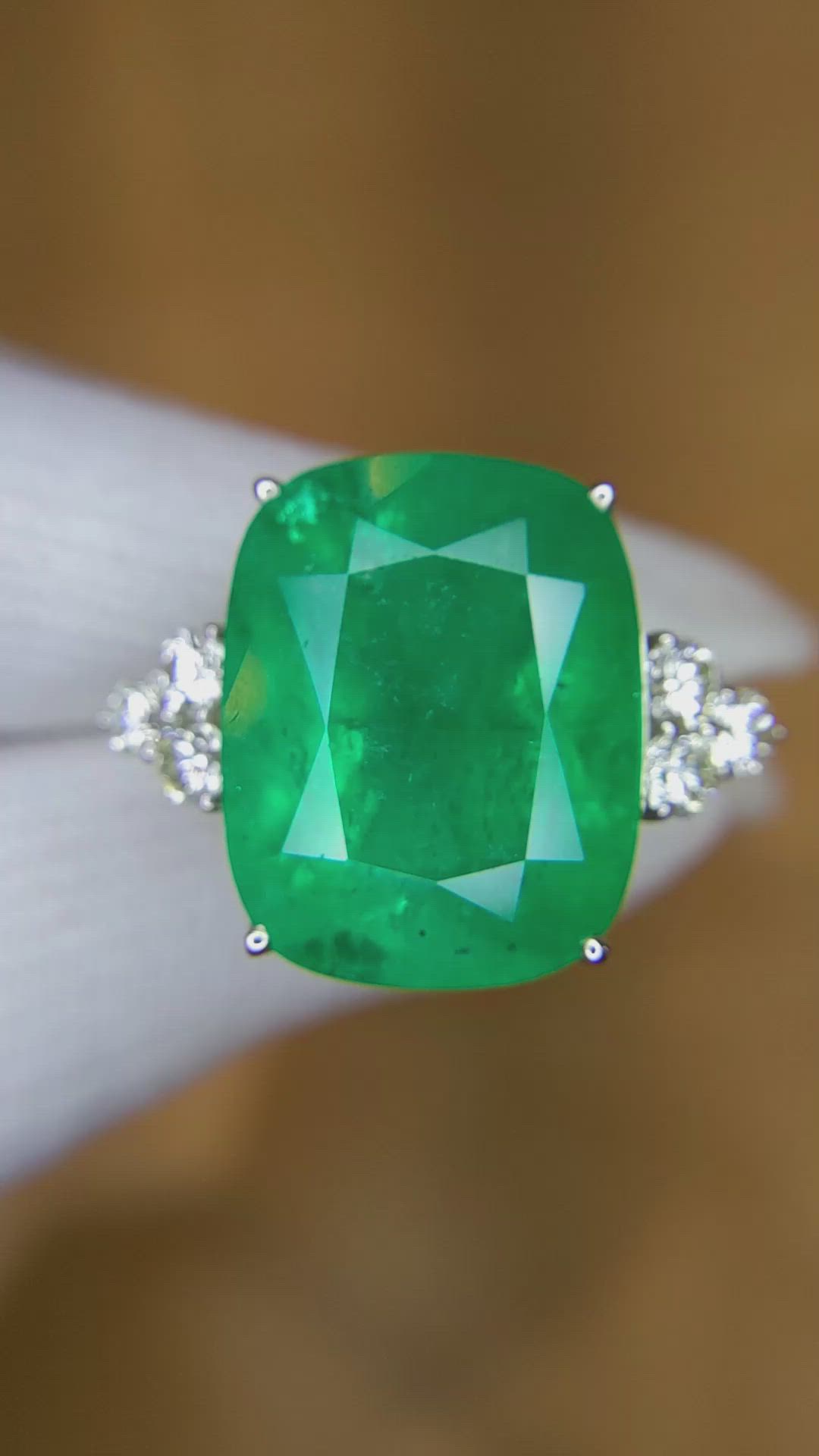 21.37 Ct. Emerald Natural Diamond Three Stone Ring, 18K White Gold Size Video