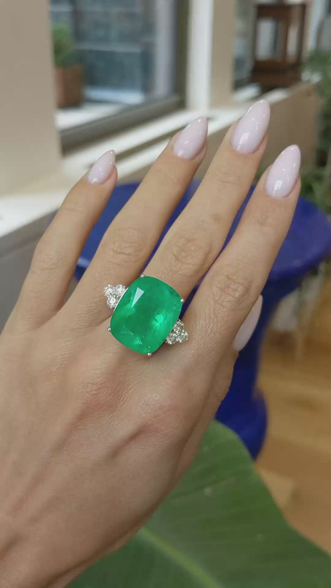 21.37 Ct. Emerald Natural Diamond Three Stone Ring, 18K White Gold Size Video