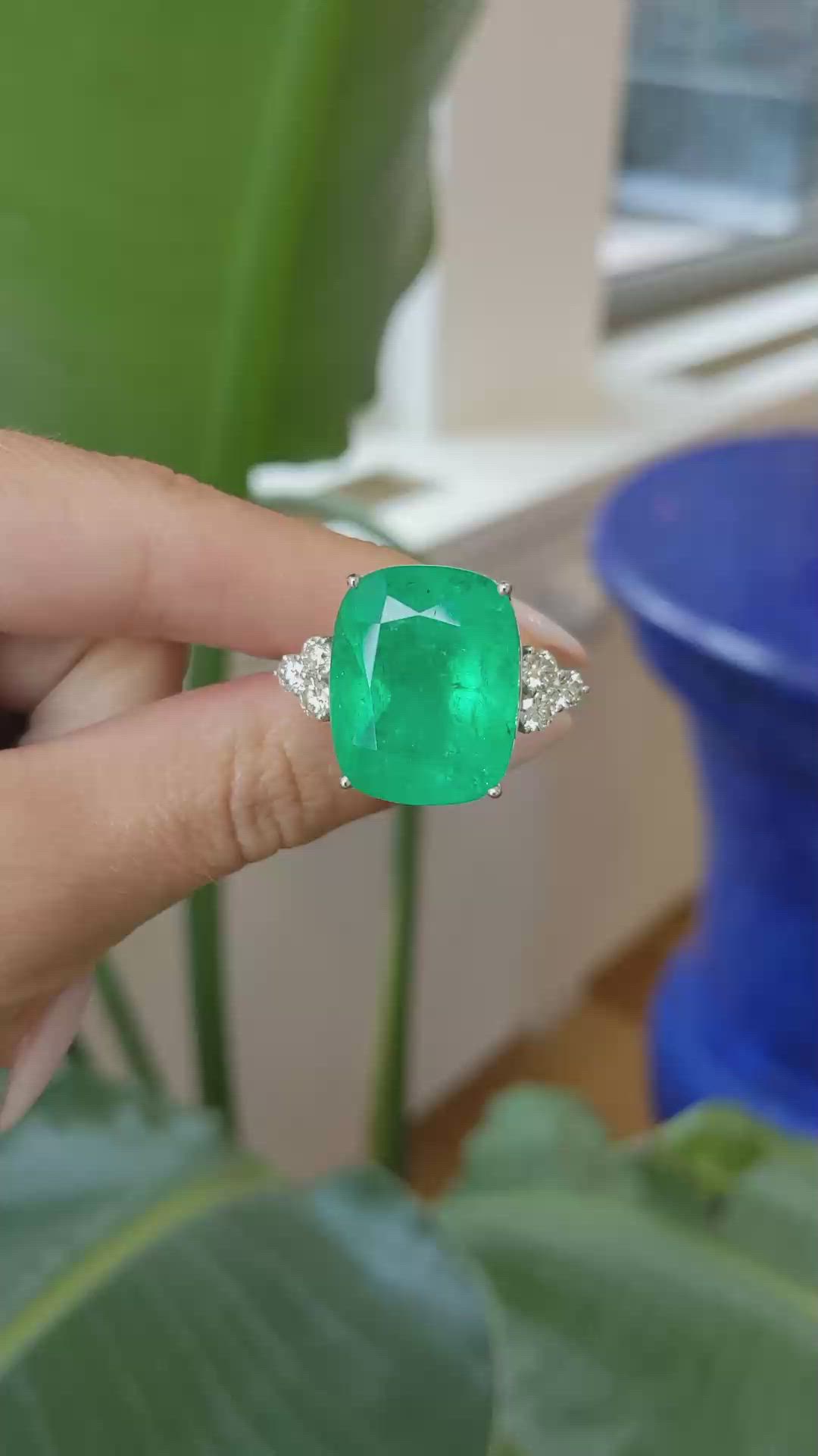21.37 Ct. Emerald Natural Diamond Three Stone Ring, 18K White Gold Size Video