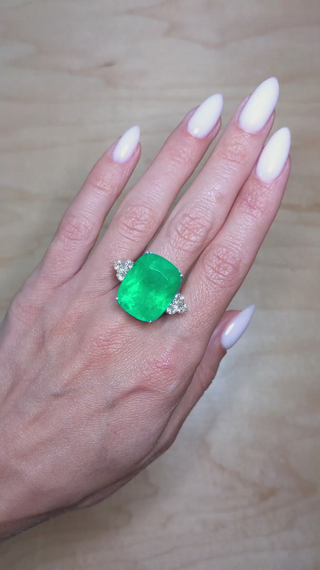 21.37 Ct. Emerald Natural Diamond Three Stone Ring, 18K White Gold Size Video