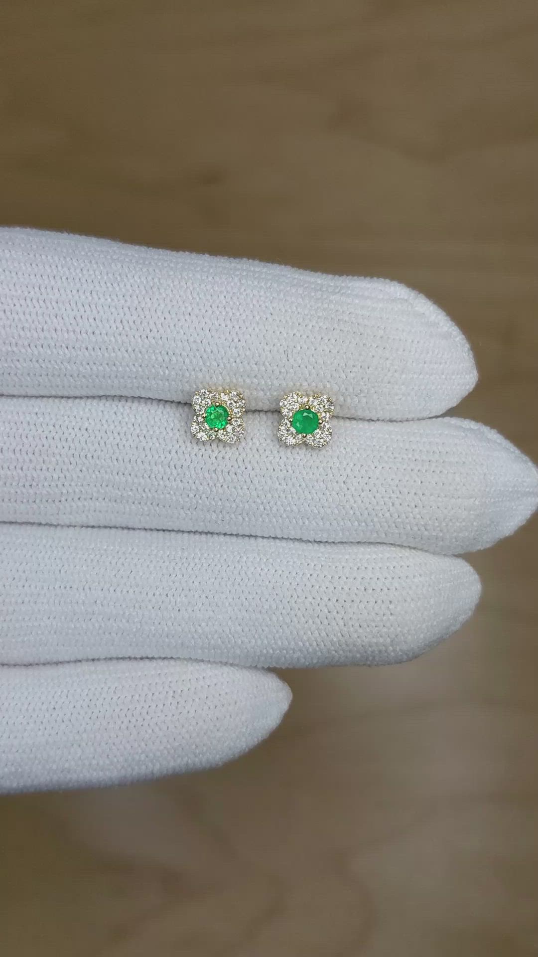0.15 Ct.Tw. Emerald Natural Diamond Studs Earrings, 14K Yellow Gold Size Video
