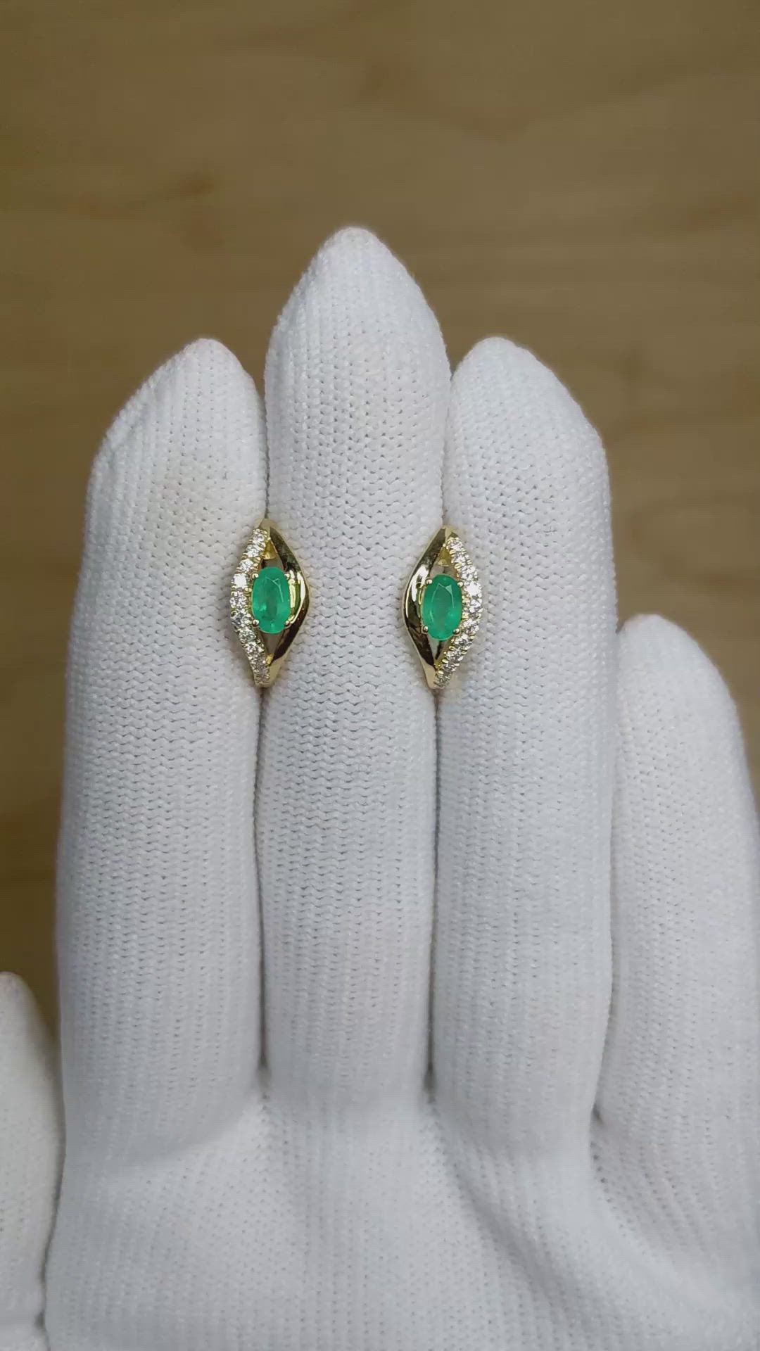 0.50 Ct.Tw. Emerald Natural Diamond Pave Earrings, 14K Yellow Gold Size Video