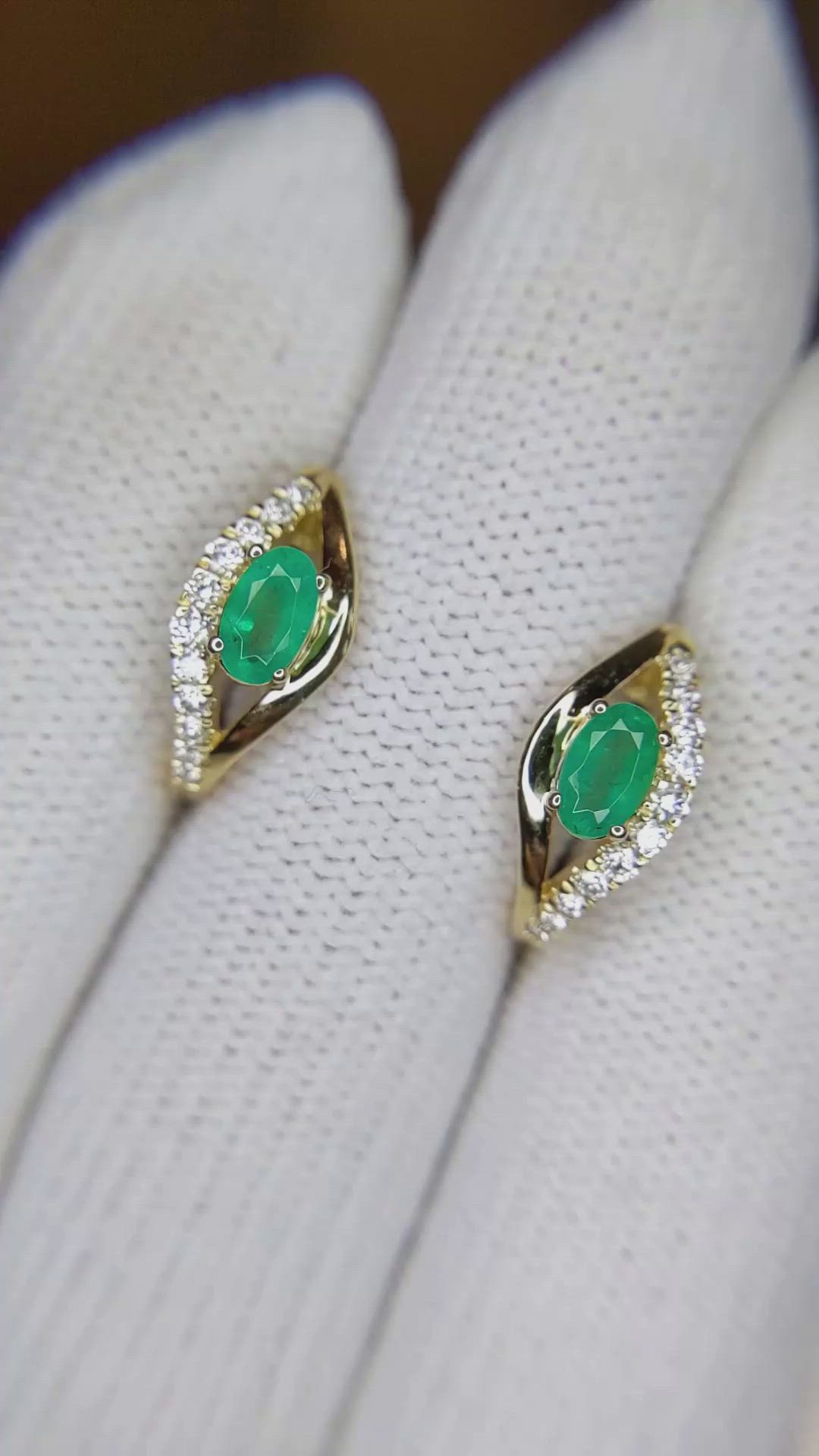 0.50 Ct.Tw. Emerald Natural Diamond Pave Earrings, 14K Yellow Gold Size Video