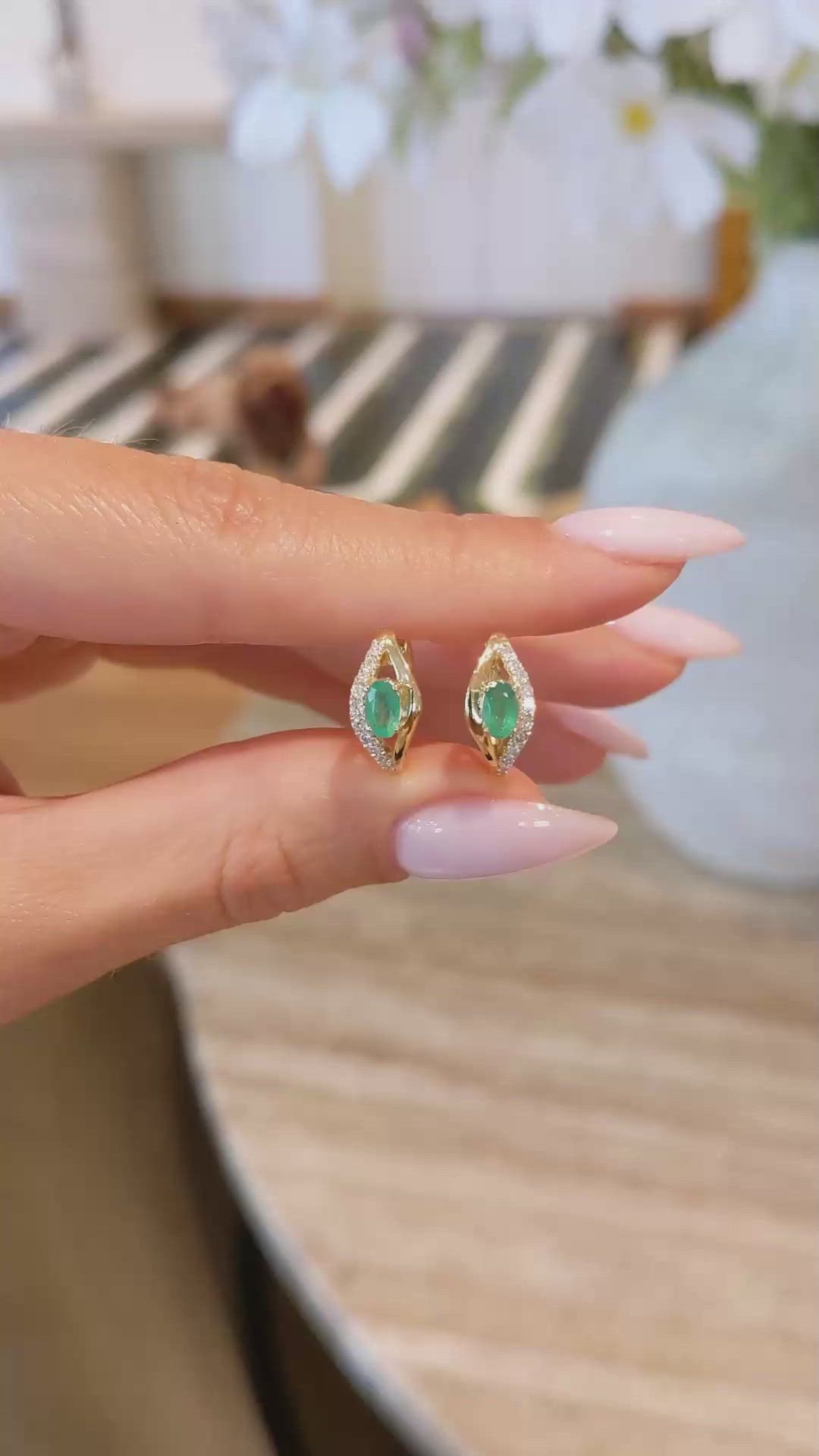 0.50 Ct.Tw. Emerald Natural Diamond Pave Earrings, 14K Yellow Gold Size Video