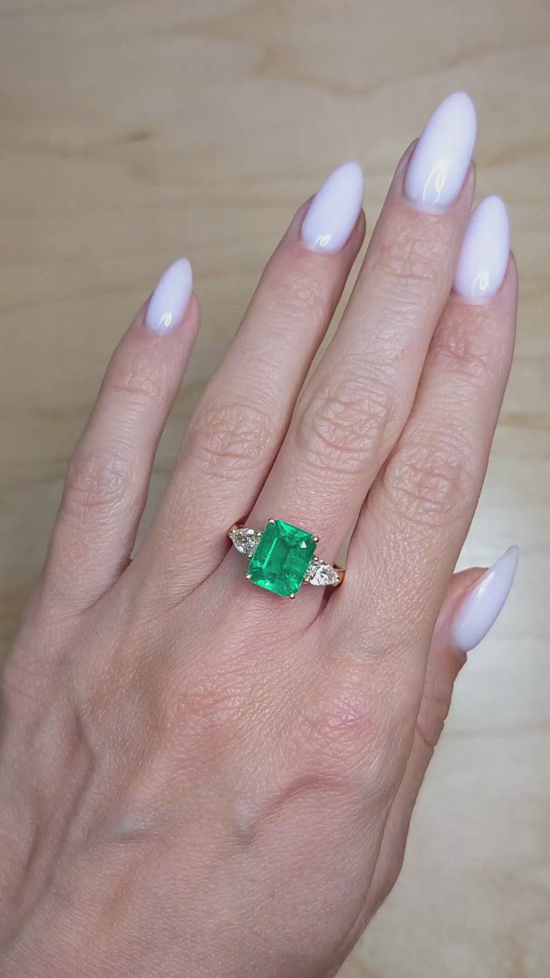 3.29 Ct. Emerald Natural Diamond Three Stone Ring, 18K Yellow Gold Size Video