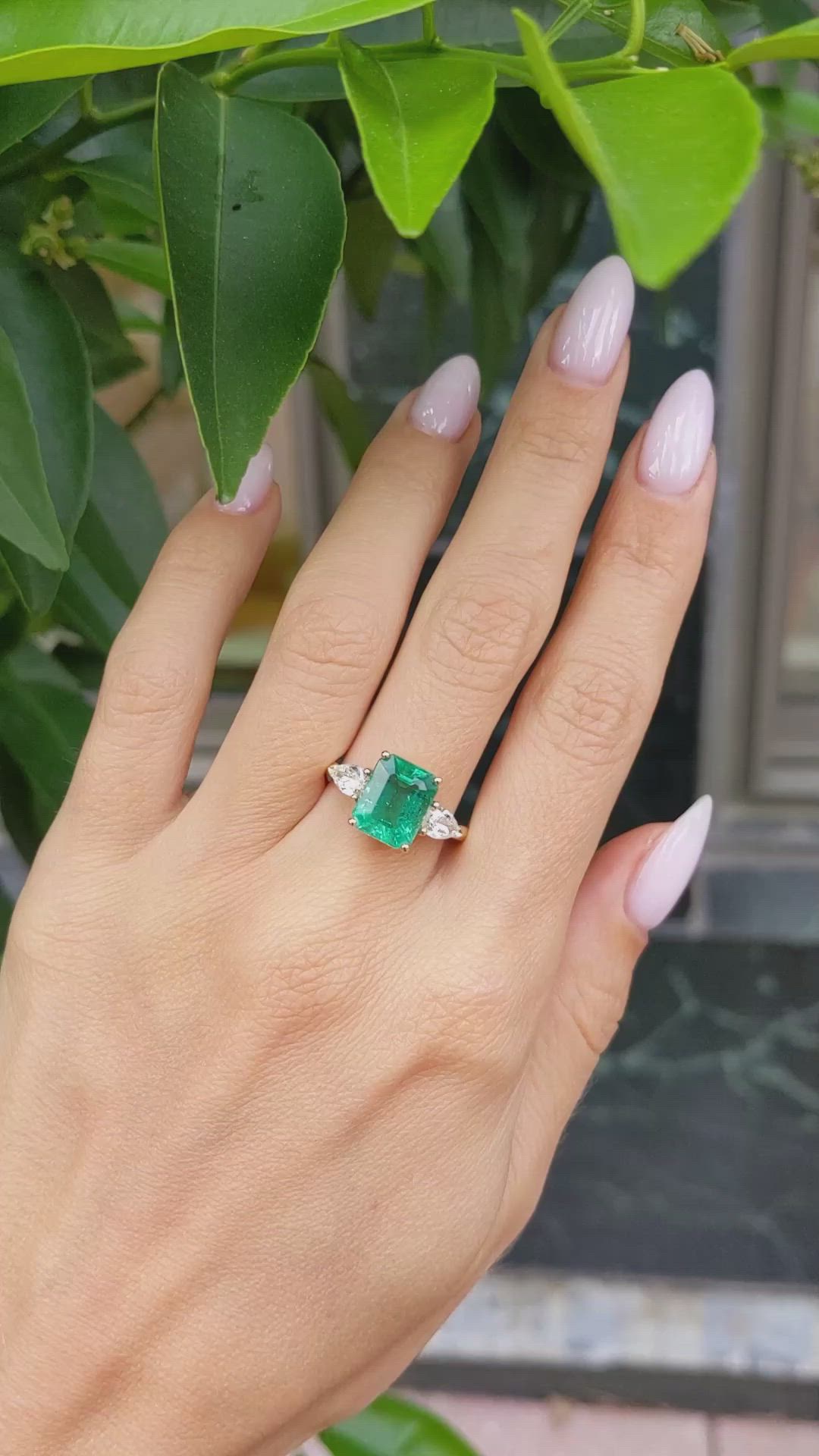 3.29 Ct. Emerald Natural Diamond Three Stone Ring, 18K Yellow Gold Size Video