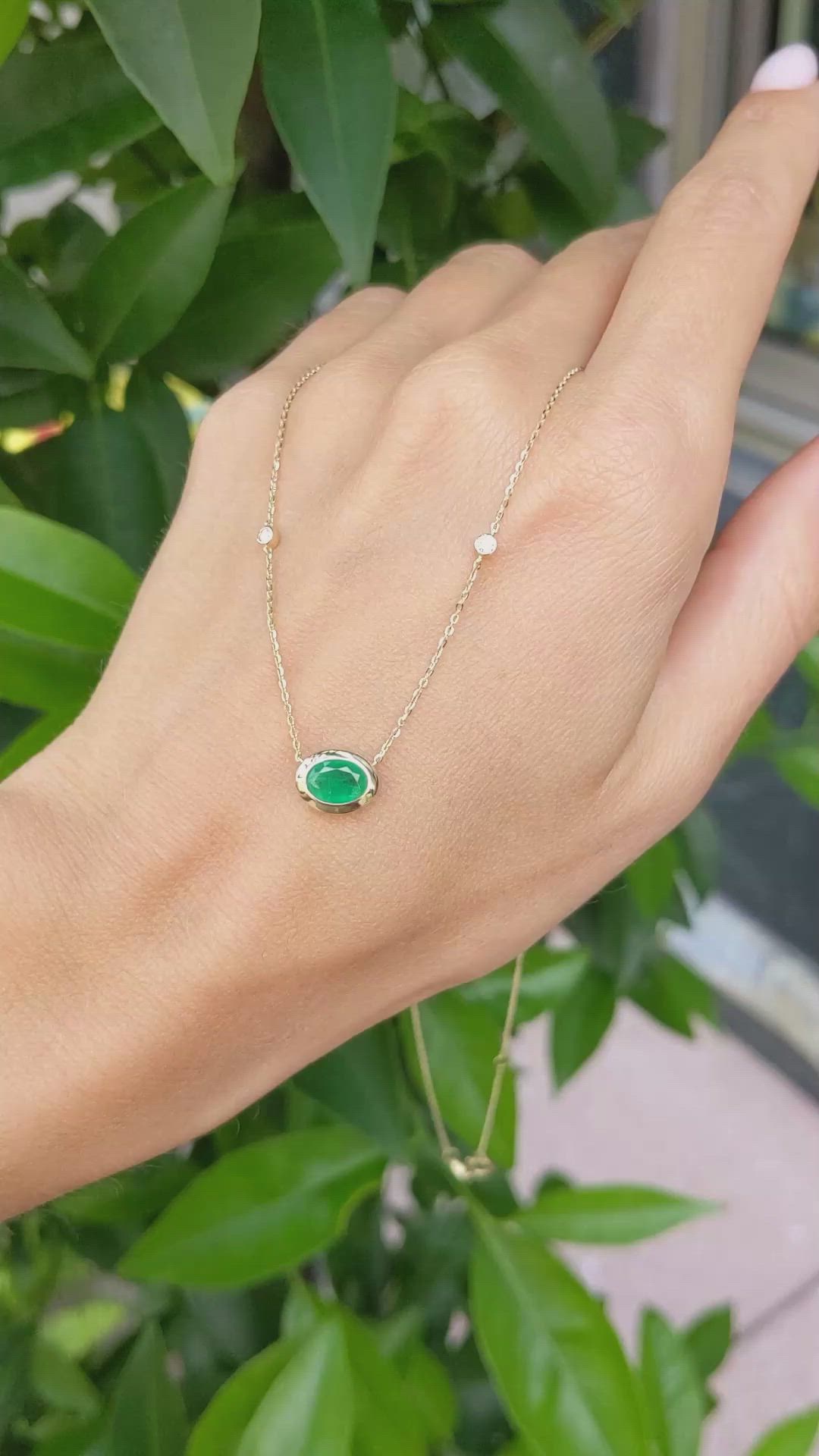 0.69 Ct. Emerald Natural Diamond Bezel Necklace, 14K Yellow Gold Size Video