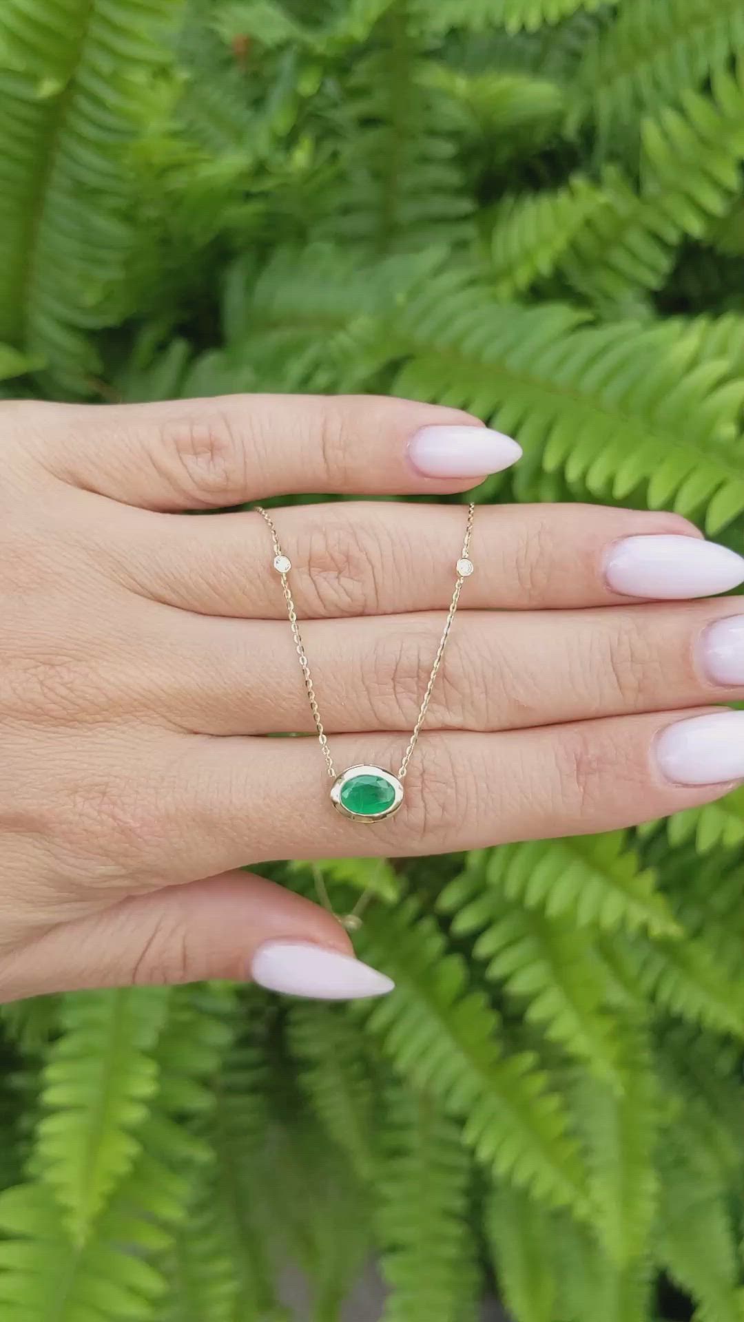 0.69 Ct. Emerald Natural Diamond Bezel Necklace, 14K Yellow Gold Size Video