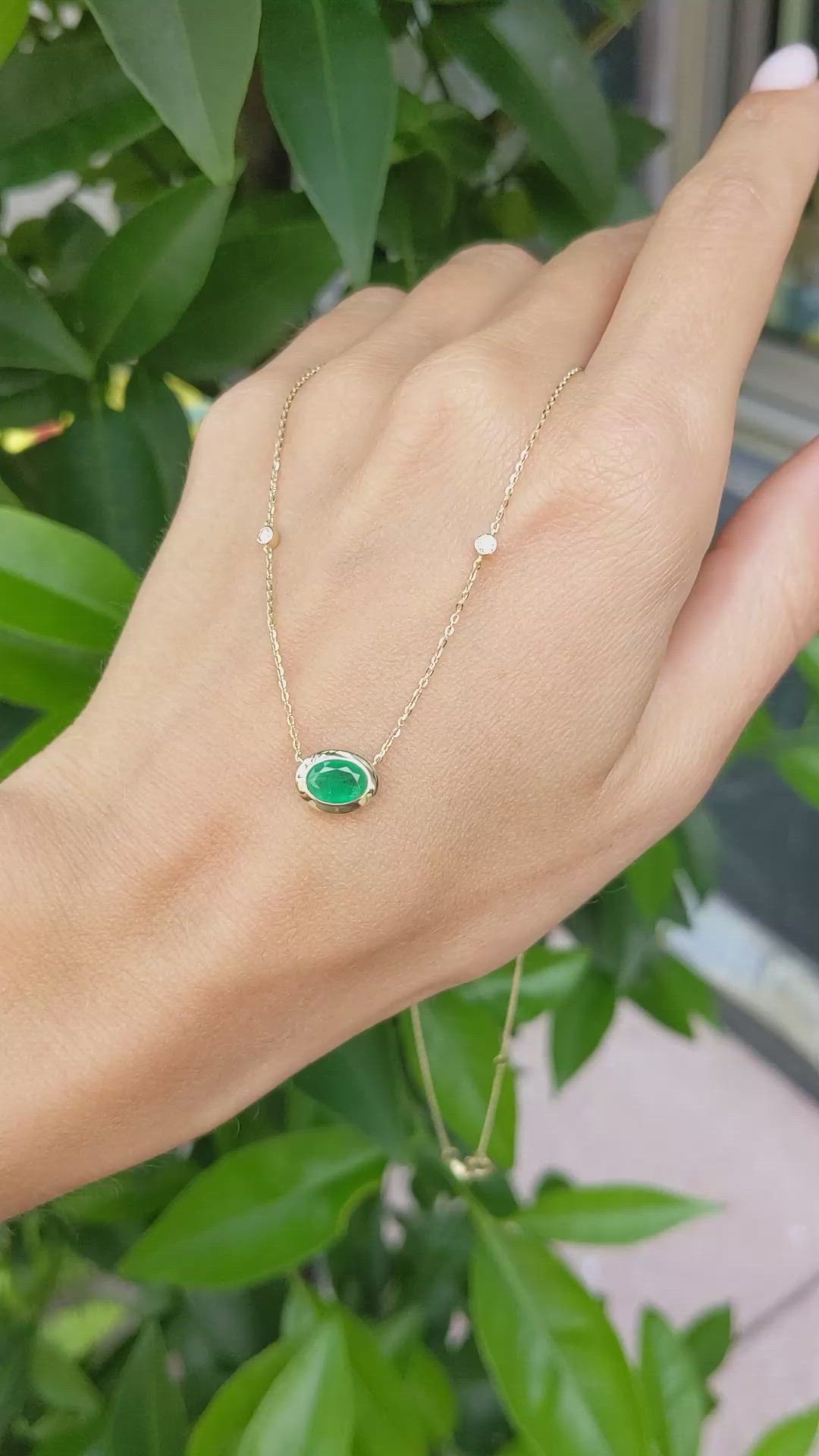 0.69 Ct. Emerald Natural Diamond Bezel Necklace, 14K Yellow Gold Size Video